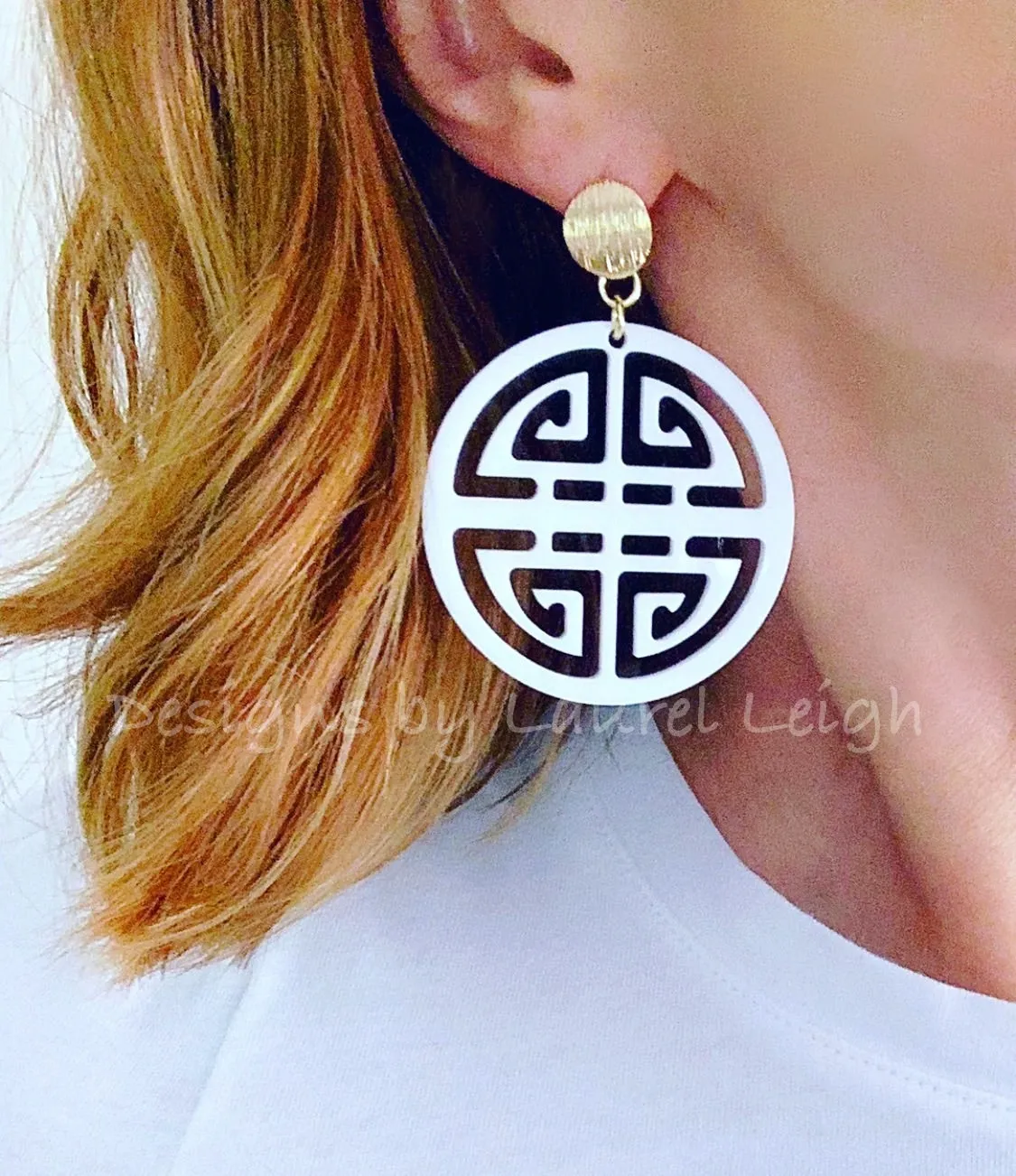 Chinoiserie Longevity Symbol Earrings - White/Black/Royal