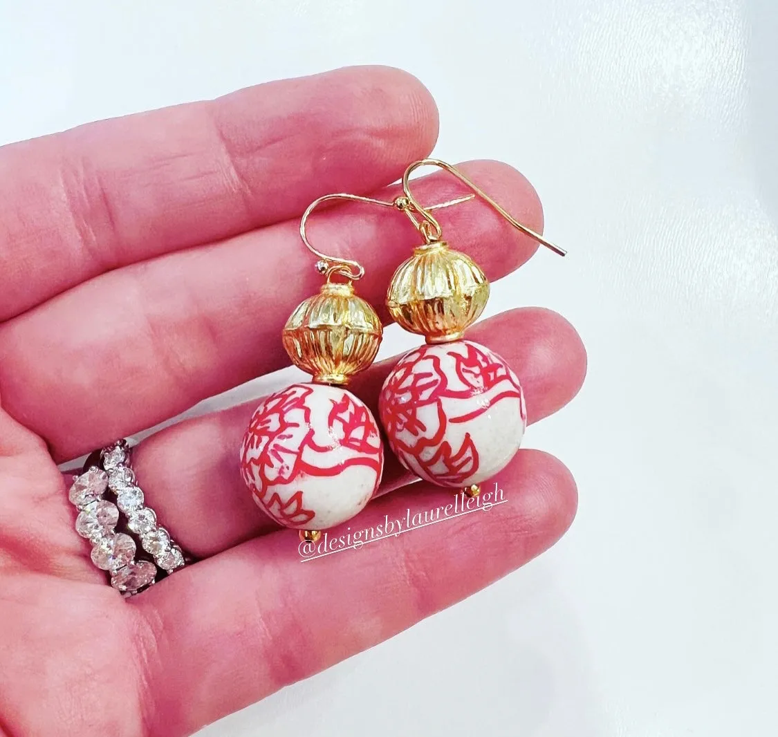 Chinoiserie Red Peony Gold Drop Earrings