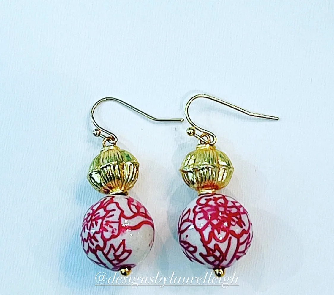 Chinoiserie Red Peony Gold Drop Earrings