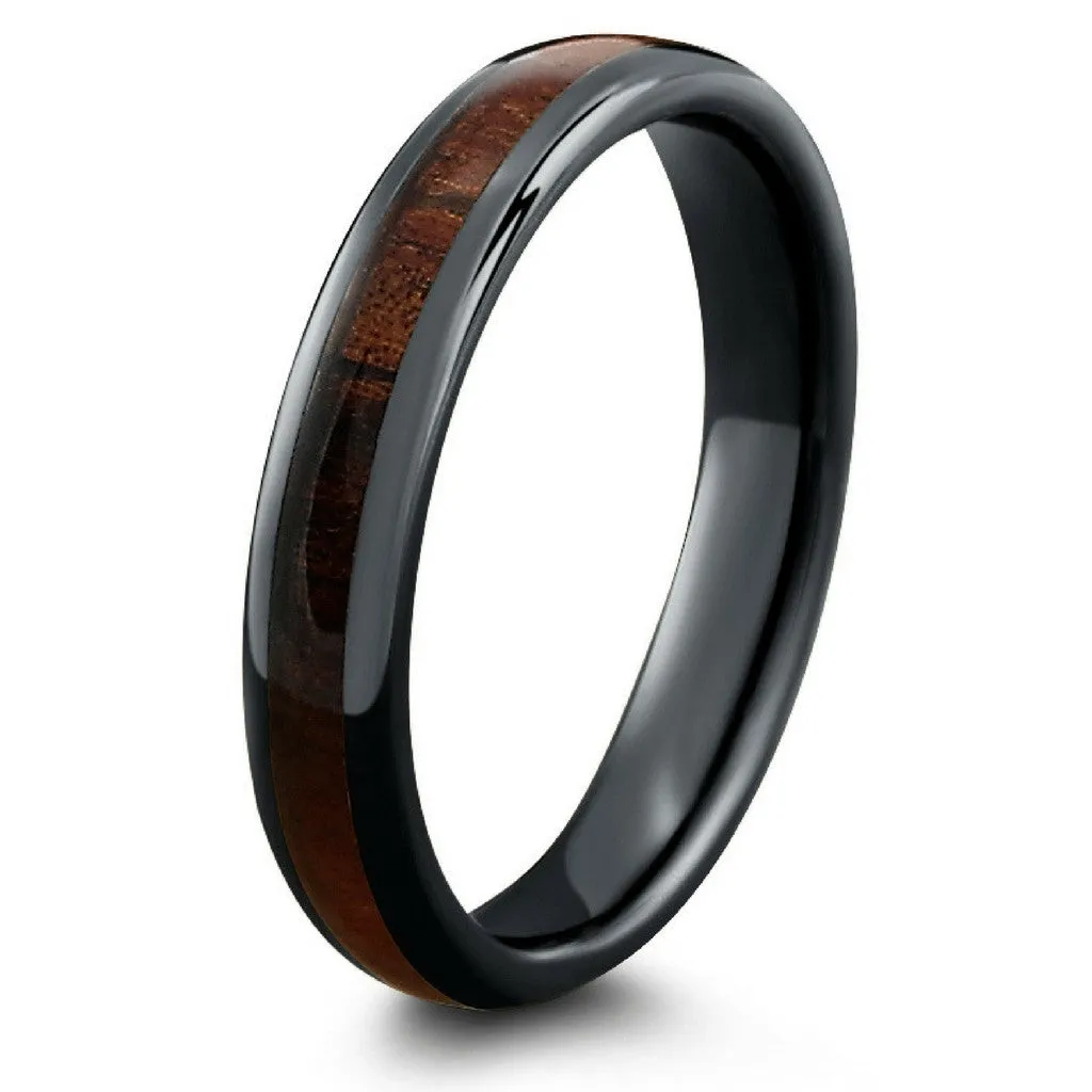 Classic Black - Polished Ceramic Wooden Ring (4mm Width)