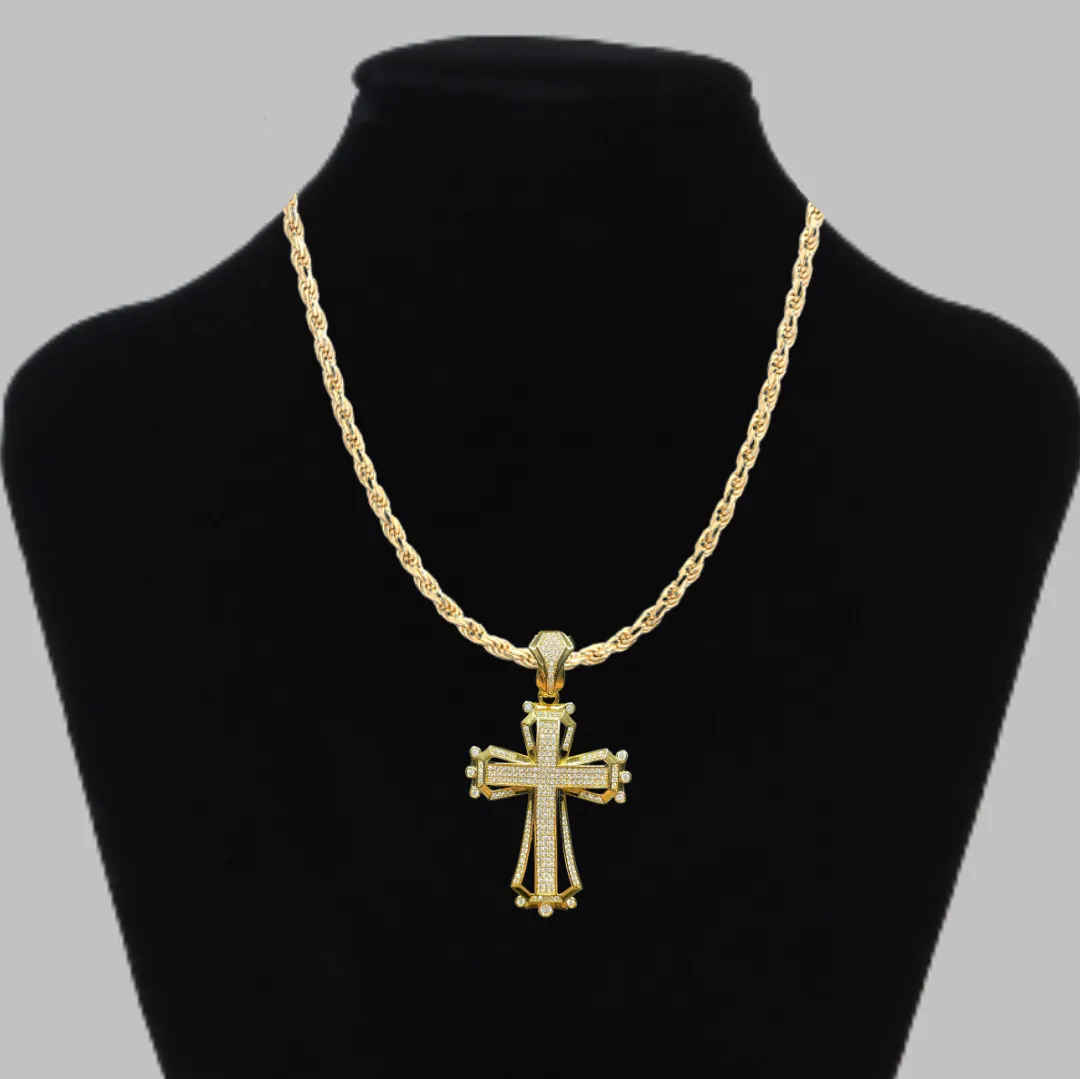 Cross Hollow Shape Iced Out  Diamond Pendant Necklace