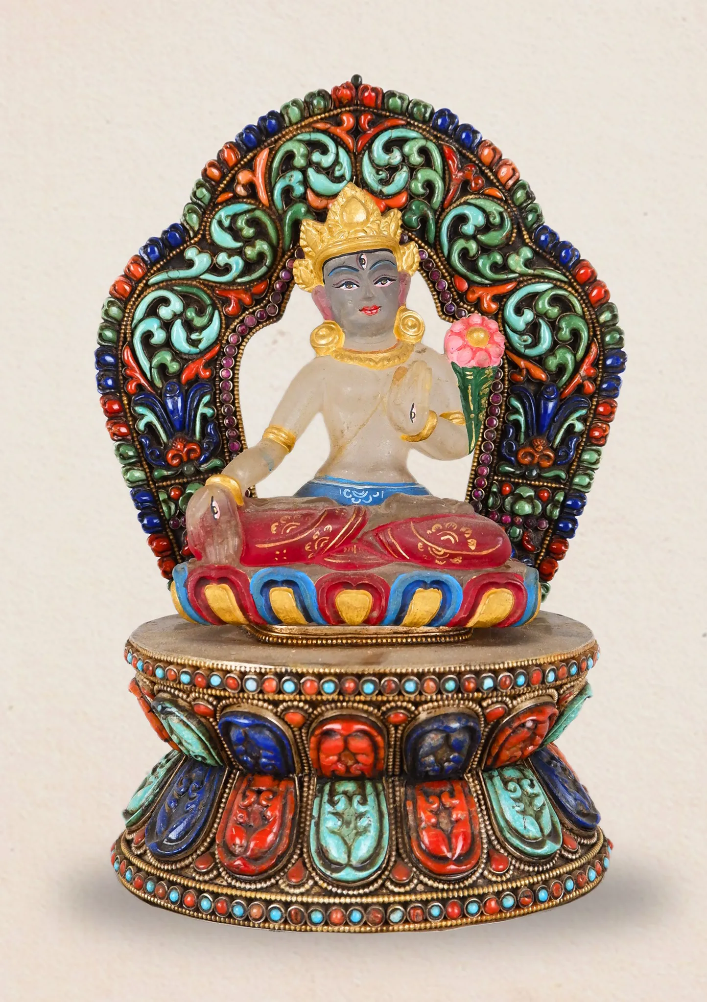 Crystal  White Tara Statue  Seated on the Silver Sterling Throne with  Gem Stone Inlaid