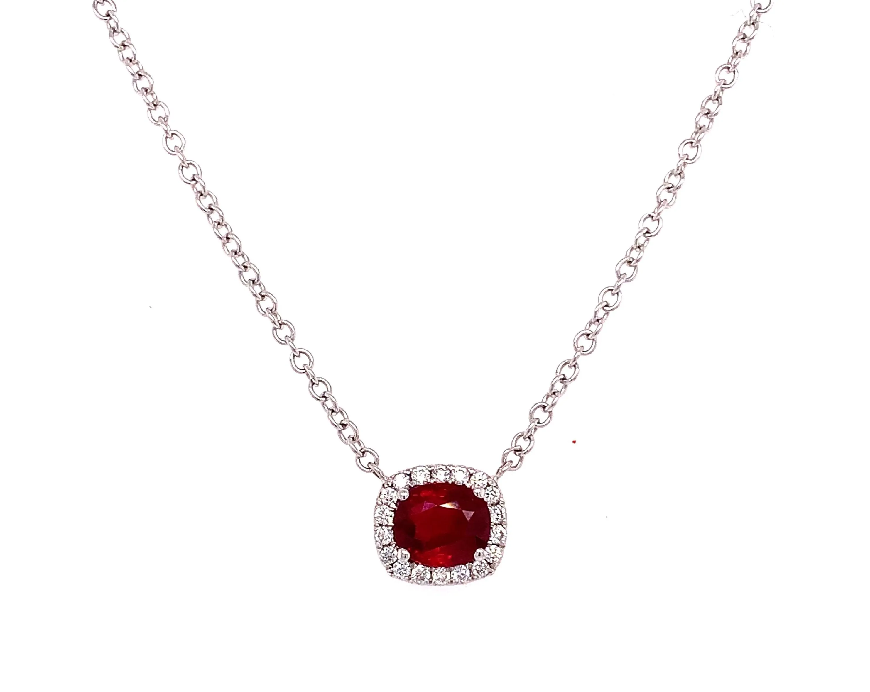 Cushion Cut Ruby Necklace with Diamond Halo