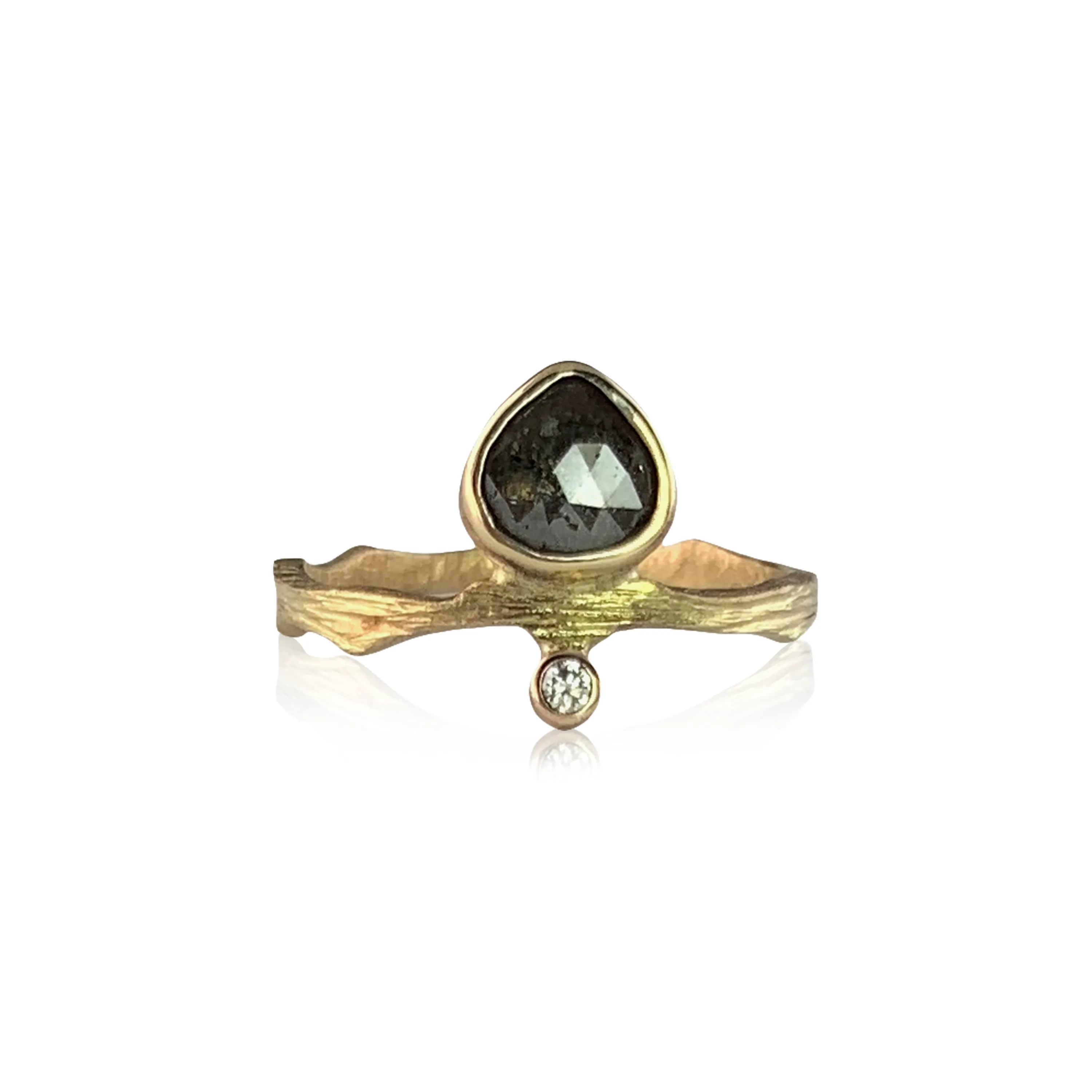 Cypress Solitaire with Rose Cut Pear Shape Salt and Pepper Diamond in 14K Gold