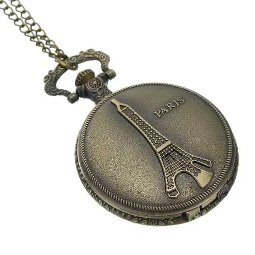 DEFFRUN Vintage Eiffel Tower Pattern PARIS Chain Retro Pocket Watch