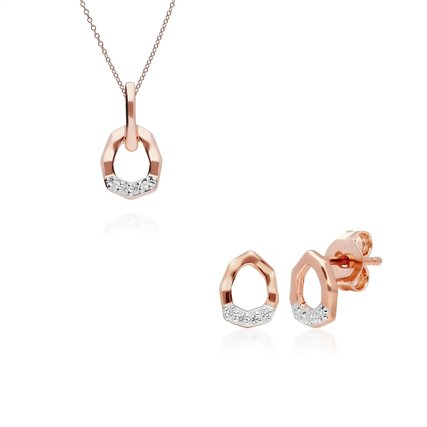 Diamant Pave Asymmetrischer Anhänger & Ohrstecker Satz in 9ct Rose Gold