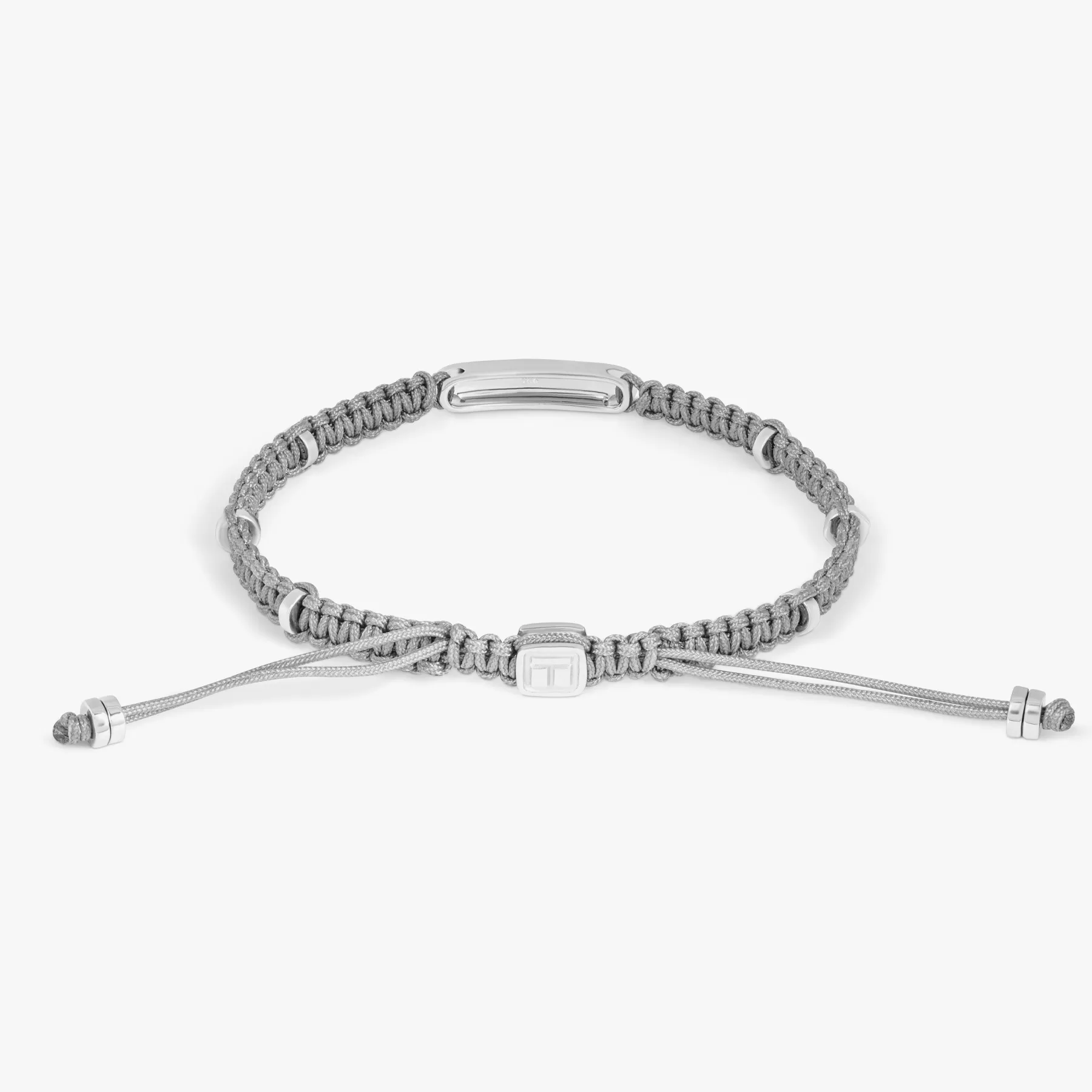 Diamond Baton Grey Macrame Bracelet in Rhodium Plated Silver