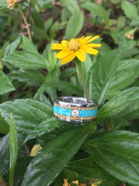 Diamond Titanium Ring Band with Turquoise and Mango Wood