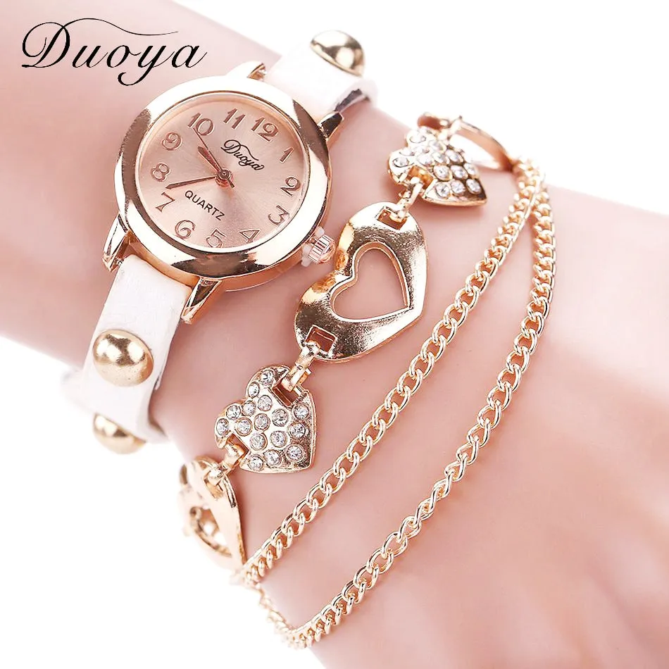 Duoya Brand Fashion Watches Women Luxury Rose Gold Heart Leather Wristwatches Ladies Bracelet Chain Quartz Clock Christmas Gift