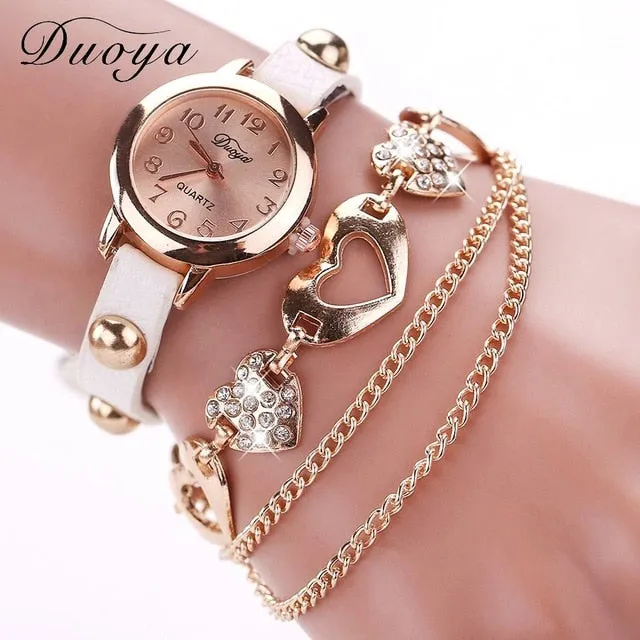 Duoya Brand Fashion Watches Women Luxury Rose Gold Heart Leather Wristwatches Ladies Bracelet Chain Quartz Clock Christmas Gift