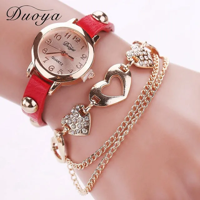 Duoya Brand Fashion Watches Women Luxury Rose Gold Heart Leather Wristwatches Ladies Bracelet Chain Quartz Clock Christmas Gift