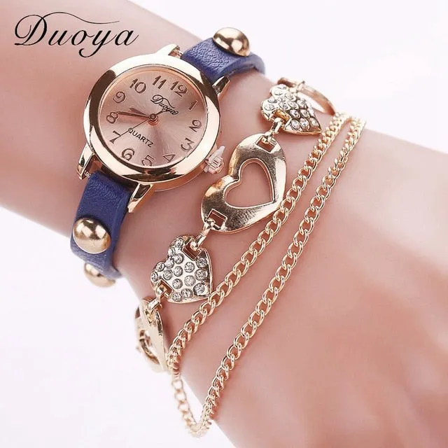 Duoya Brand Fashion Watches Women Luxury Rose Gold Heart Leather Wristwatches Ladies Bracelet Chain Quartz Clock Christmas Gift