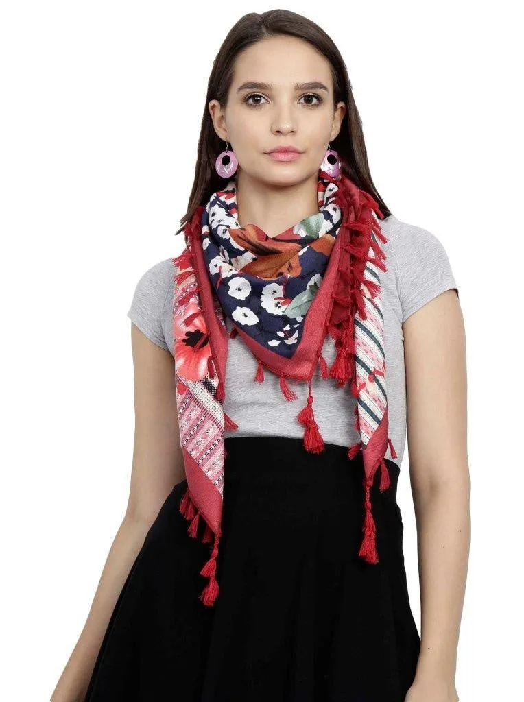 FabSeasons Red Cotton Floral Printed Soft & Stylish Square Scarf