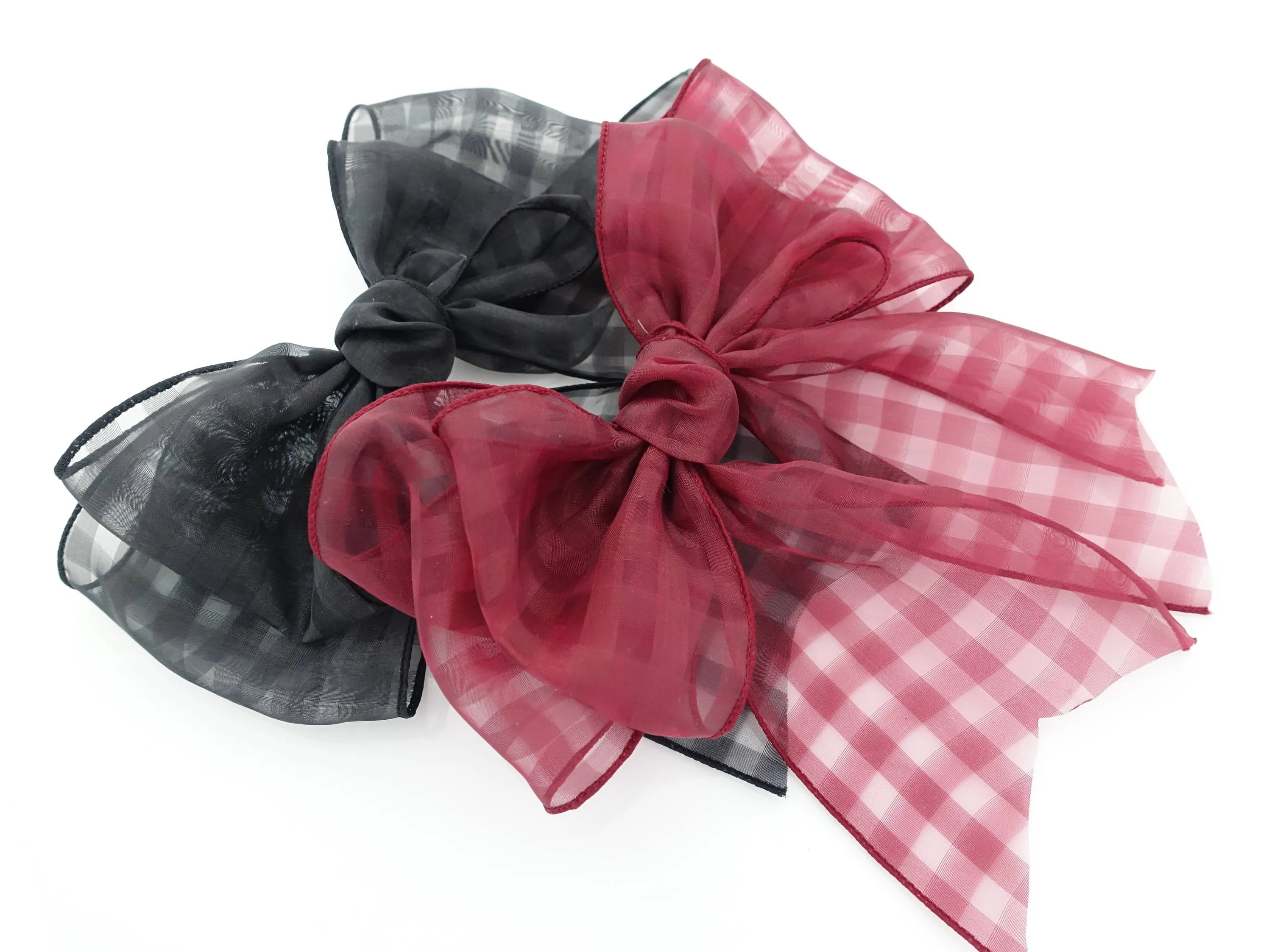 Fine Mesh organdy Solid Check Big Bow French Hair Barrette for Women