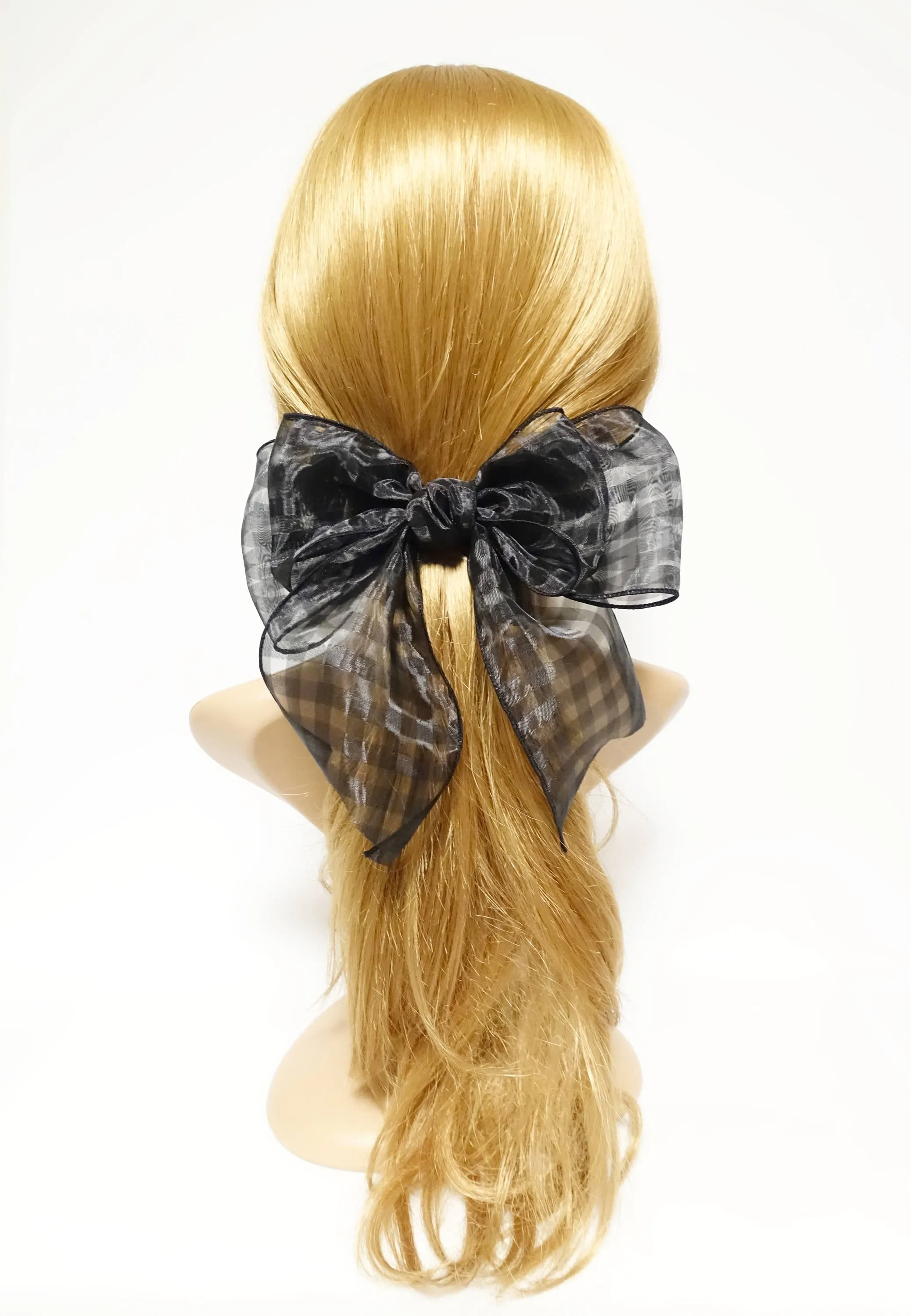 Fine Mesh organdy Solid Check Big Bow French Hair Barrette for Women