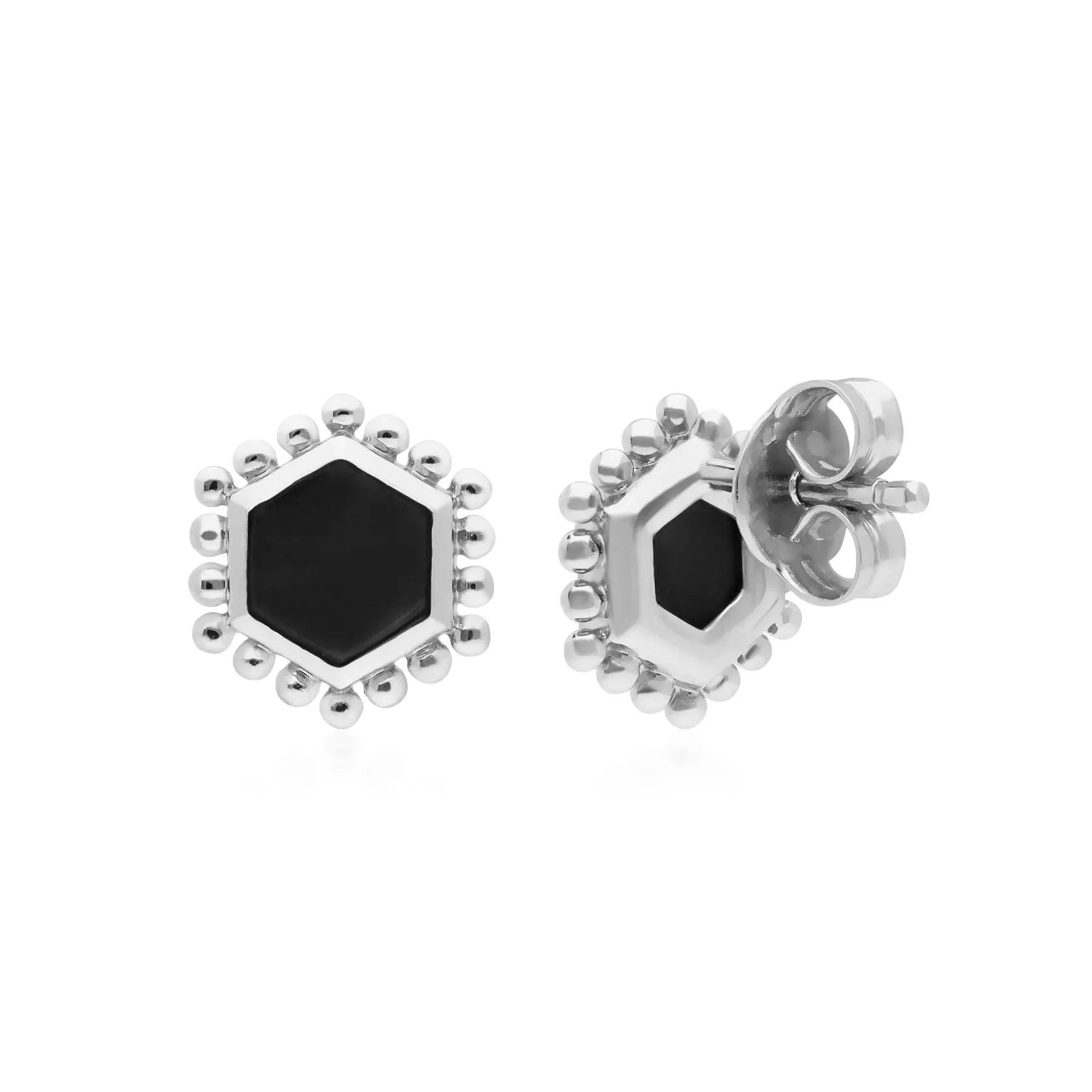 Flat Slice Hex Schwarzer Onyx Ohrstecker in 925 Sterling Silber