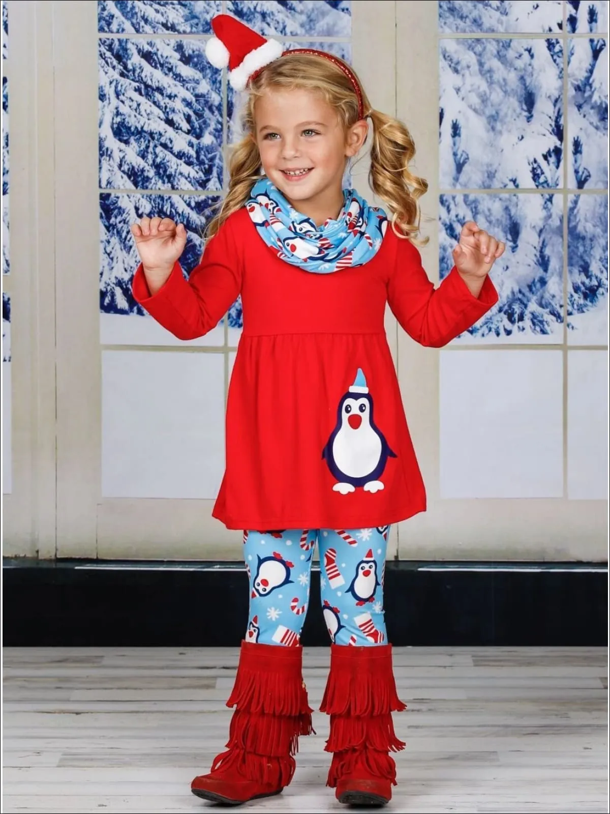 Girls Penguin Candy Cane Top, Leggings and Scarf Set