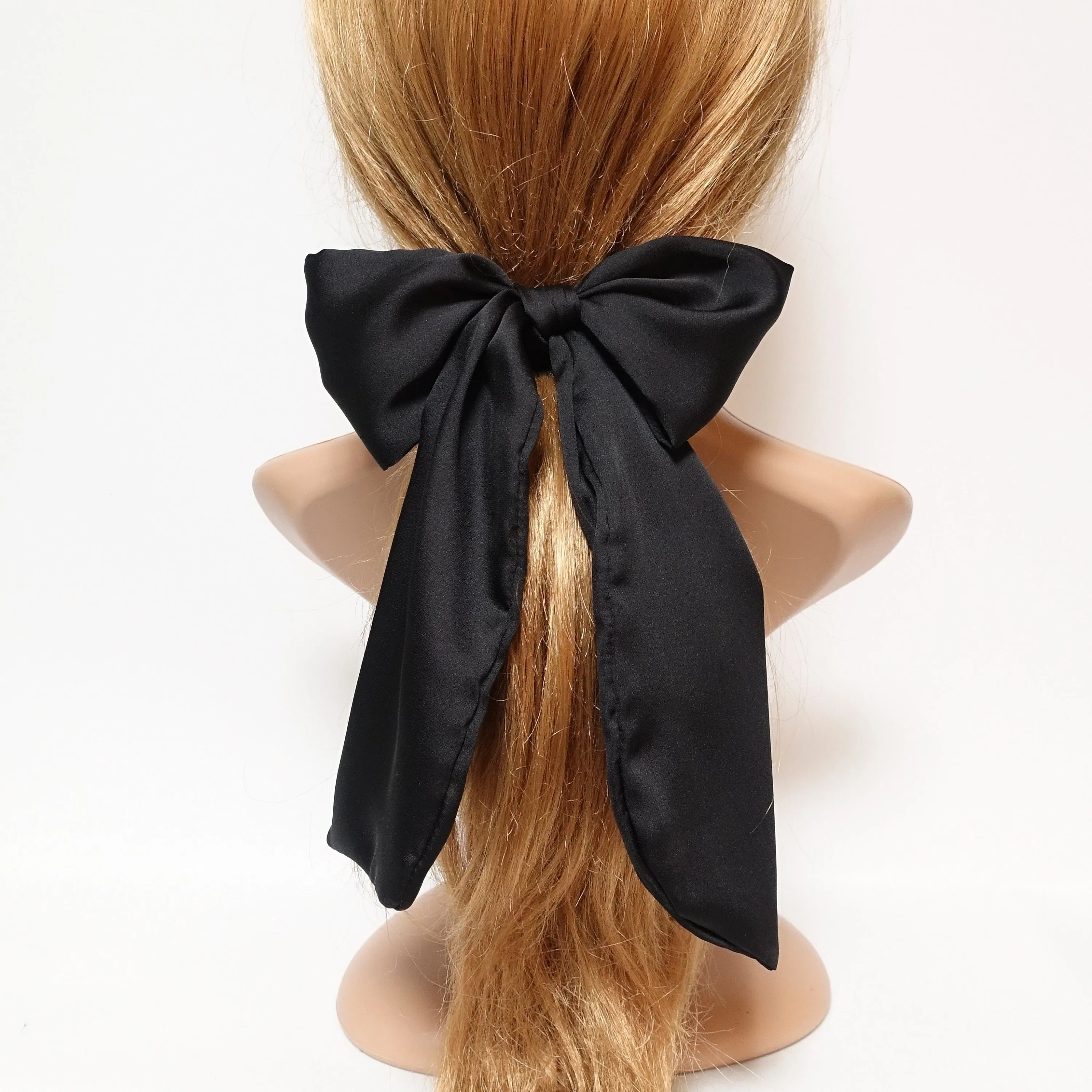 glossy satin bow knot long tail hair tie solid color ponytail holder women hair elastic