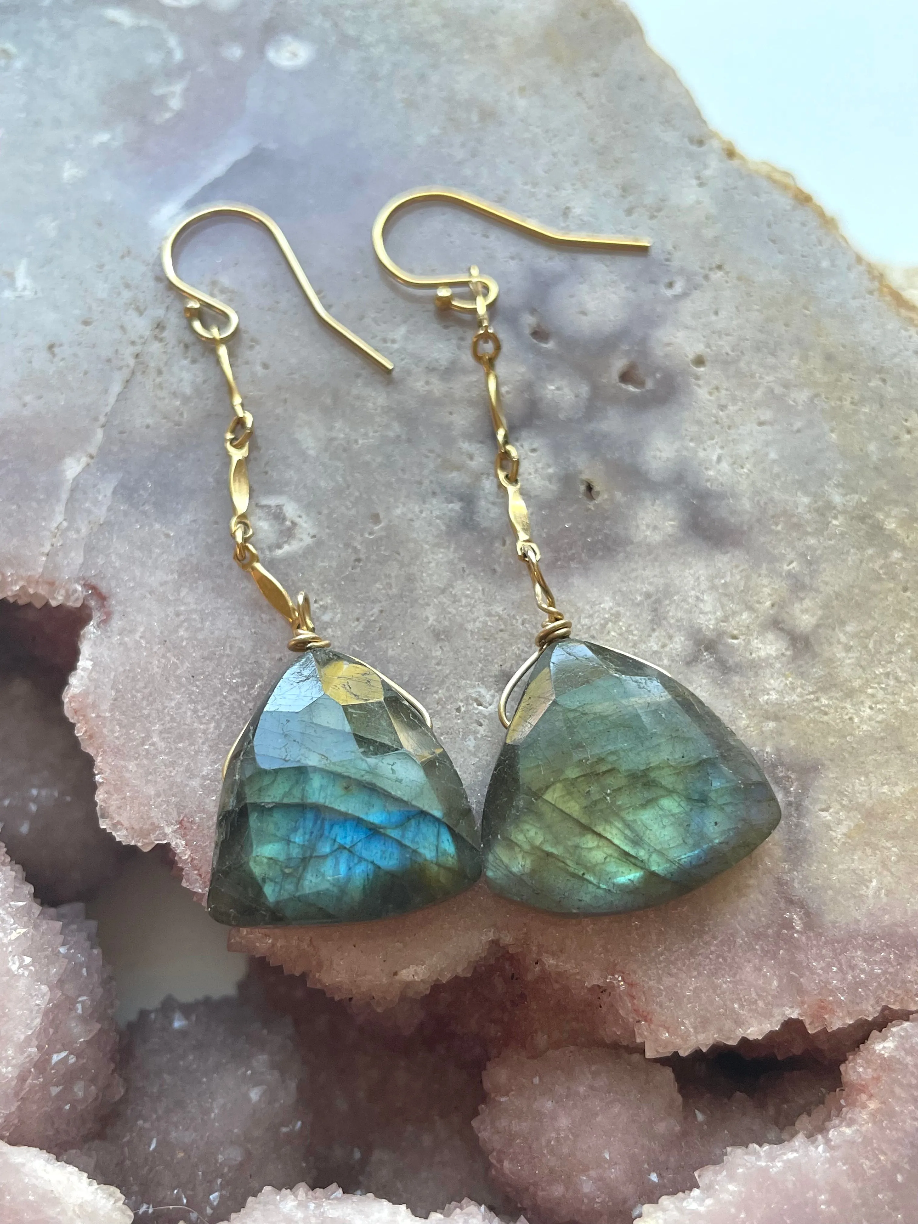 Gold Labradorite Dangle Drop Crystal Earrings