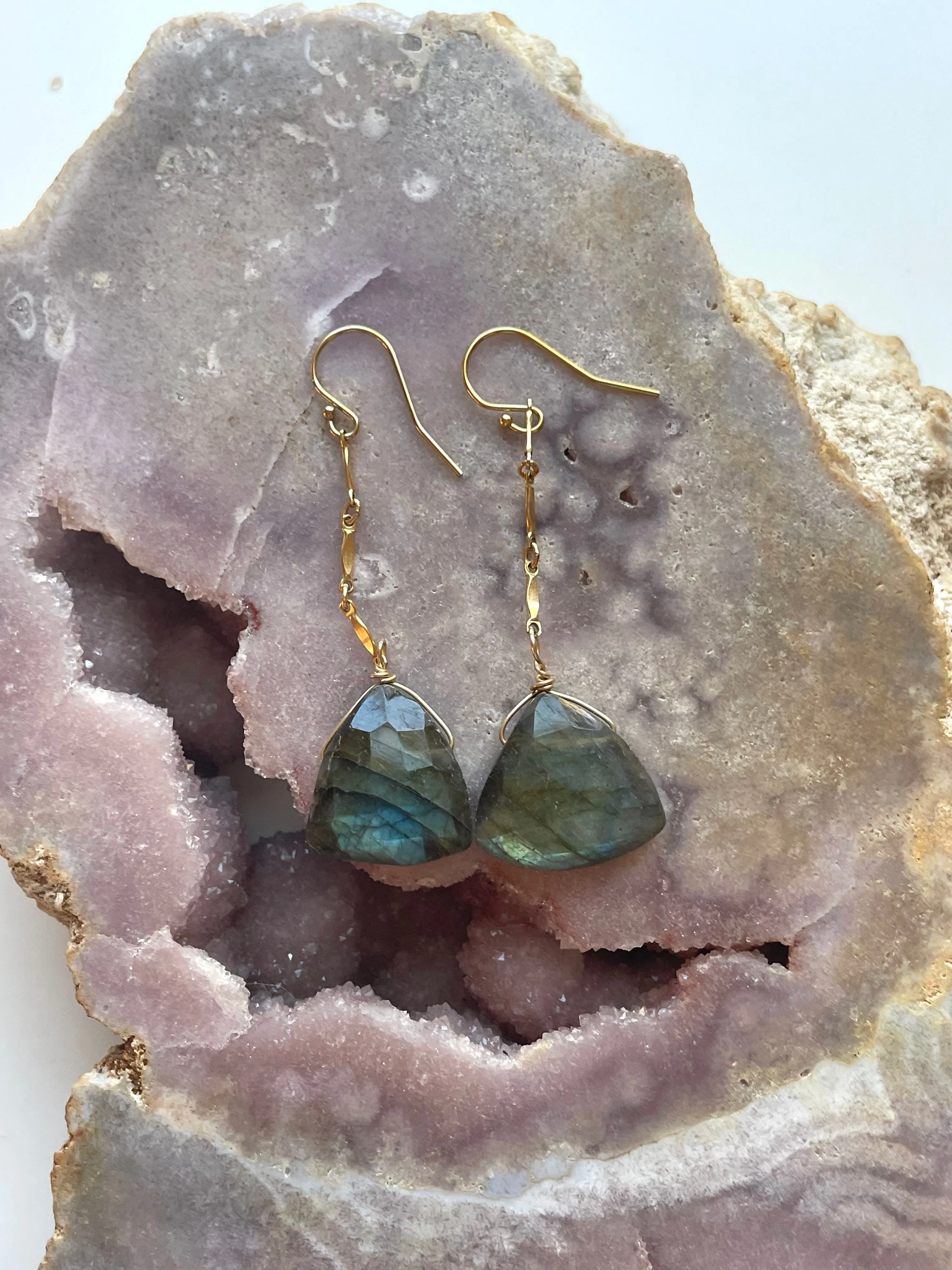 Gold Labradorite Dangle Drop Crystal Earrings