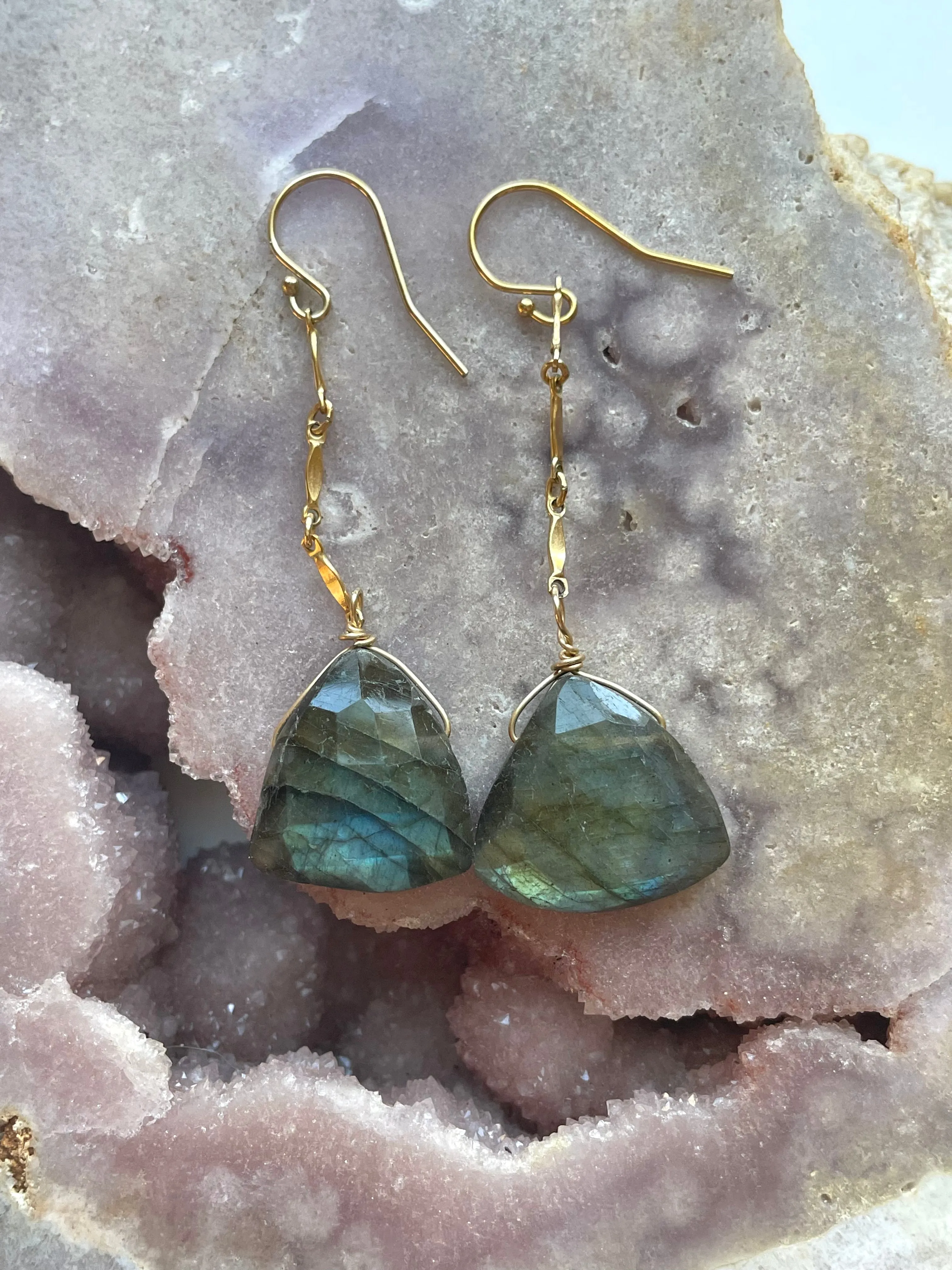 Gold Labradorite Dangle Drop Crystal Earrings