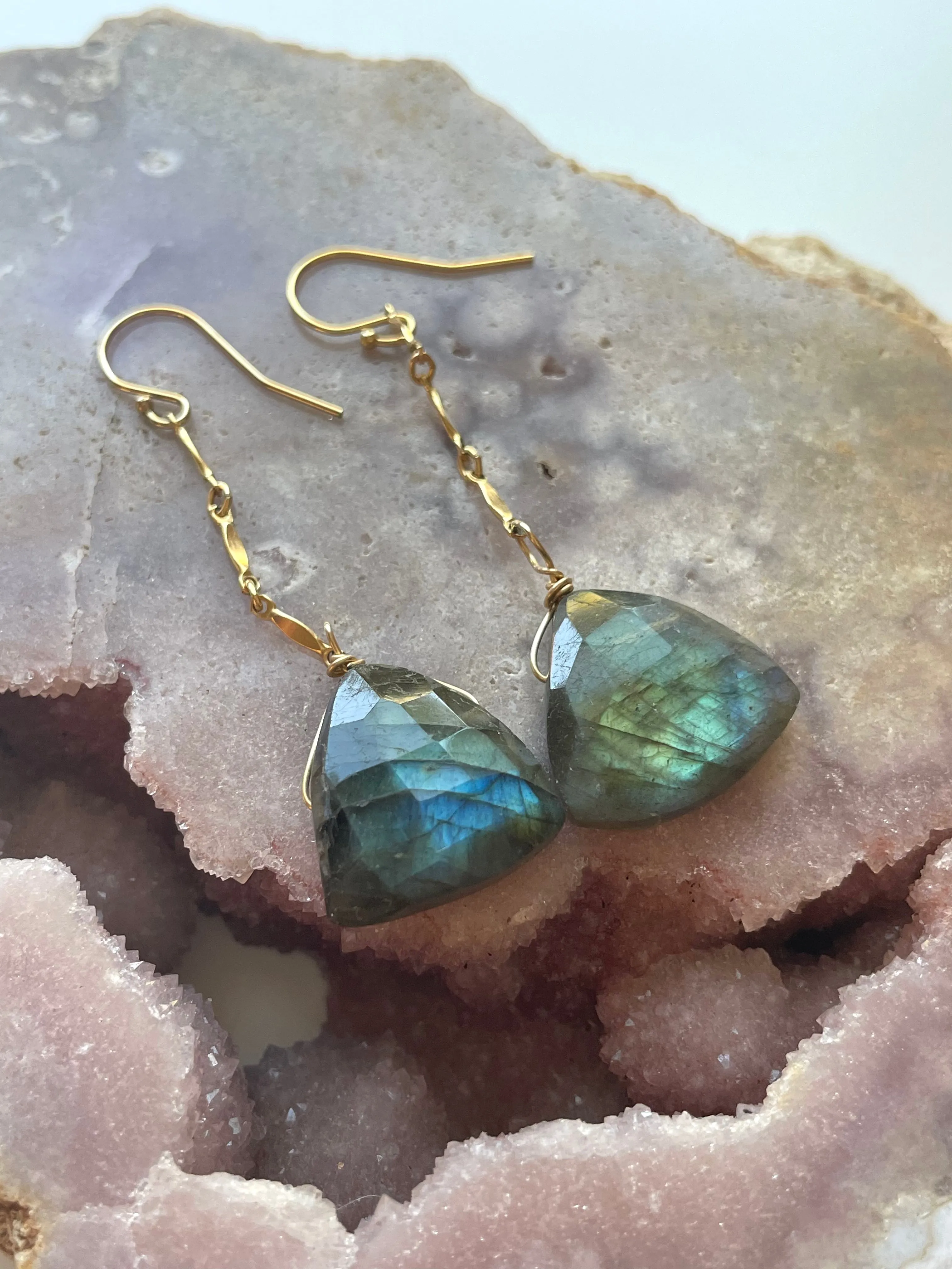 Gold Labradorite Dangle Drop Crystal Earrings