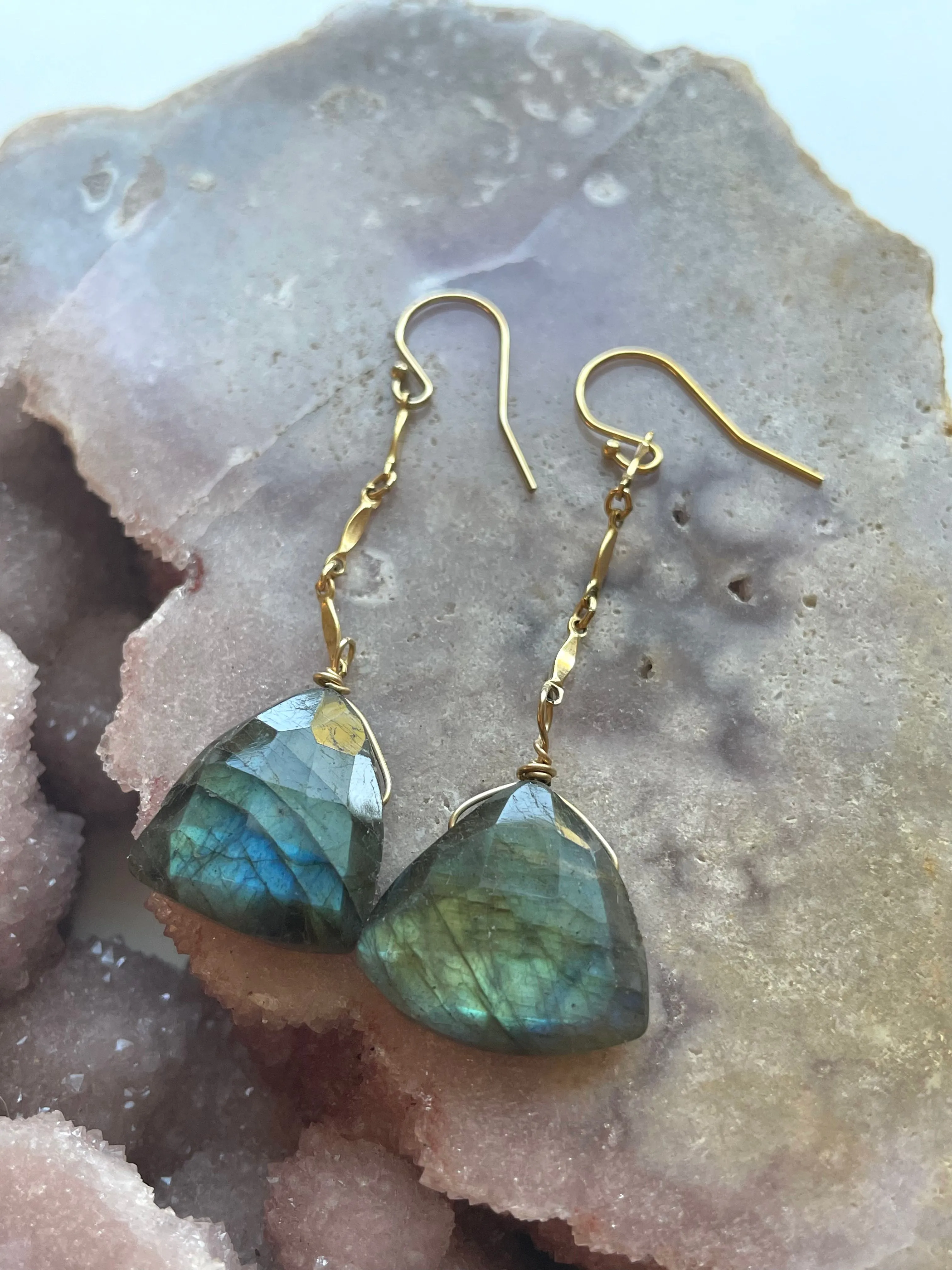 Gold Labradorite Dangle Drop Crystal Earrings