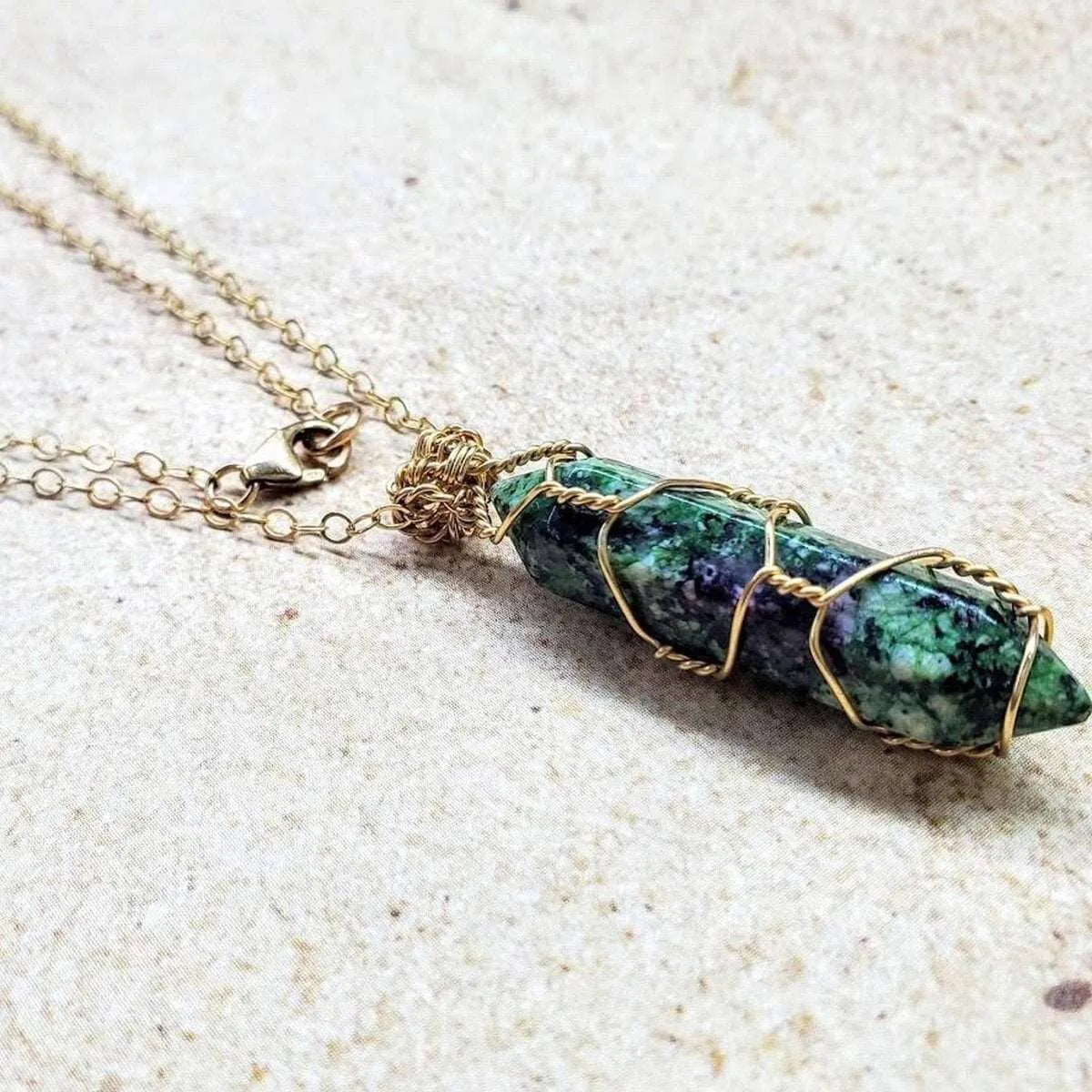 Gold Wire Wrapped Caged In Ruby In Zoisite Pointed Crystal Necklace