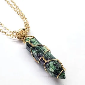 Gold Wire Wrapped Caged In Ruby In Zoisite Pointed Crystal Necklace