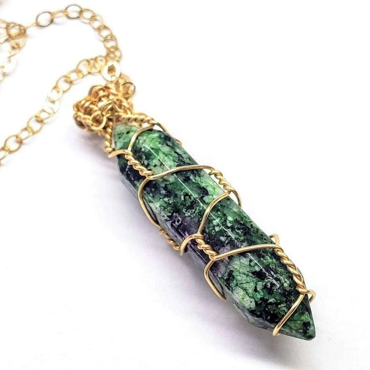 Gold Wire Wrapped Caged In Ruby In Zoisite Pointed Crystal Necklace