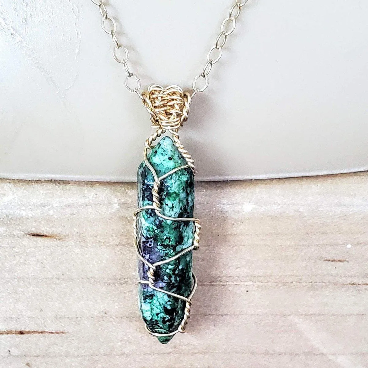 Gold Wire Wrapped Caged In Ruby In Zoisite Pointed Crystal Necklace