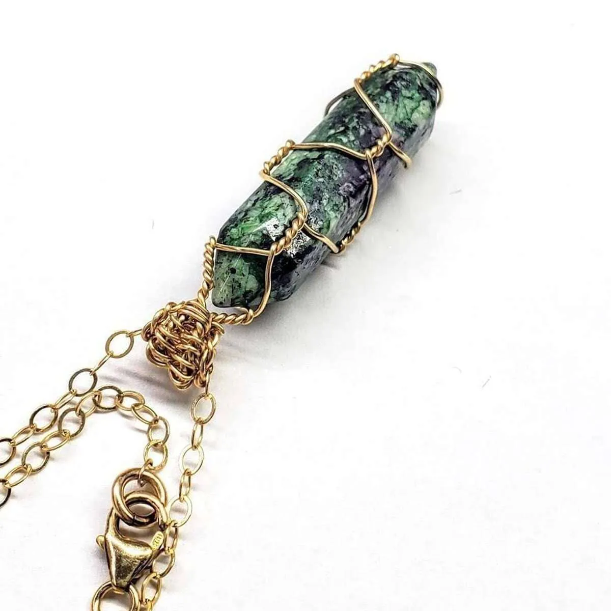 Gold Wire Wrapped Caged In Ruby In Zoisite Pointed Crystal Necklace