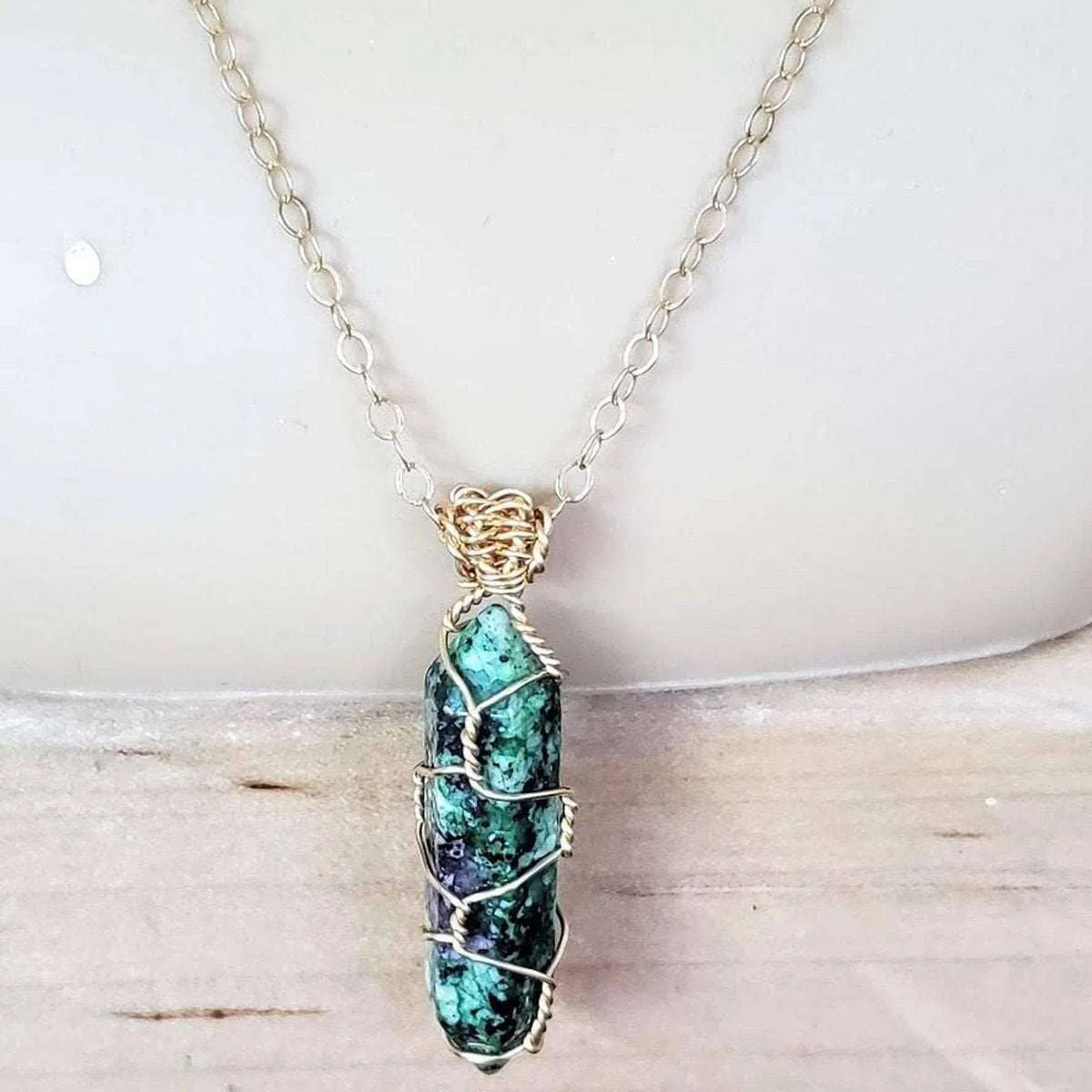 Gold Wire Wrapped Caged In Ruby In Zoisite Pointed Crystal Necklace