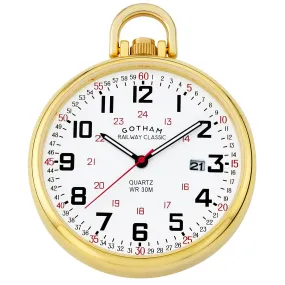 Gotham Men's Gold Plated Stainless Steel Analog Quartz Date Railroad Style Pocket Watch # GWC14107G