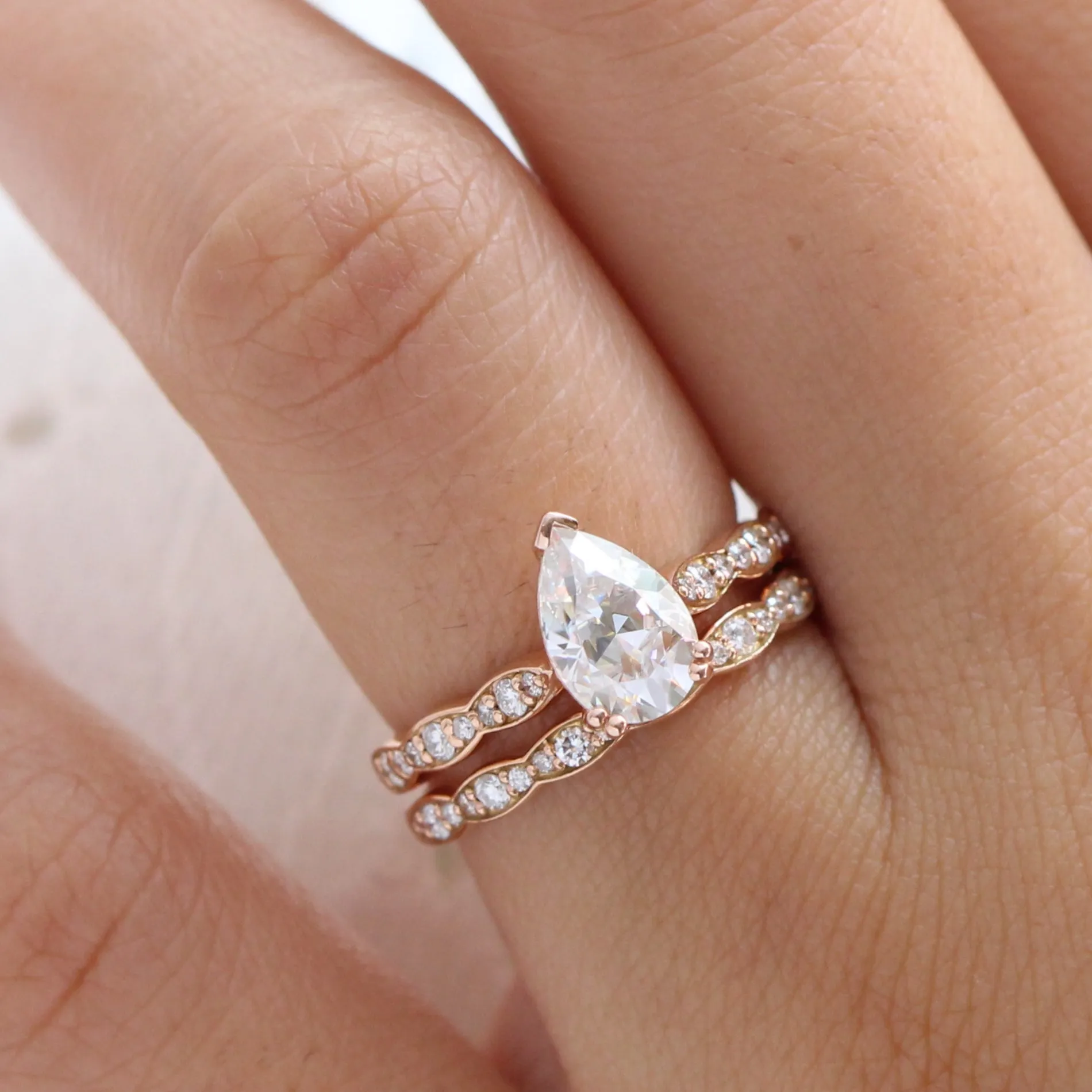 Grace Solitaire Pear Bridal Ring Set w/ Moissanite and Matching Diamond Band