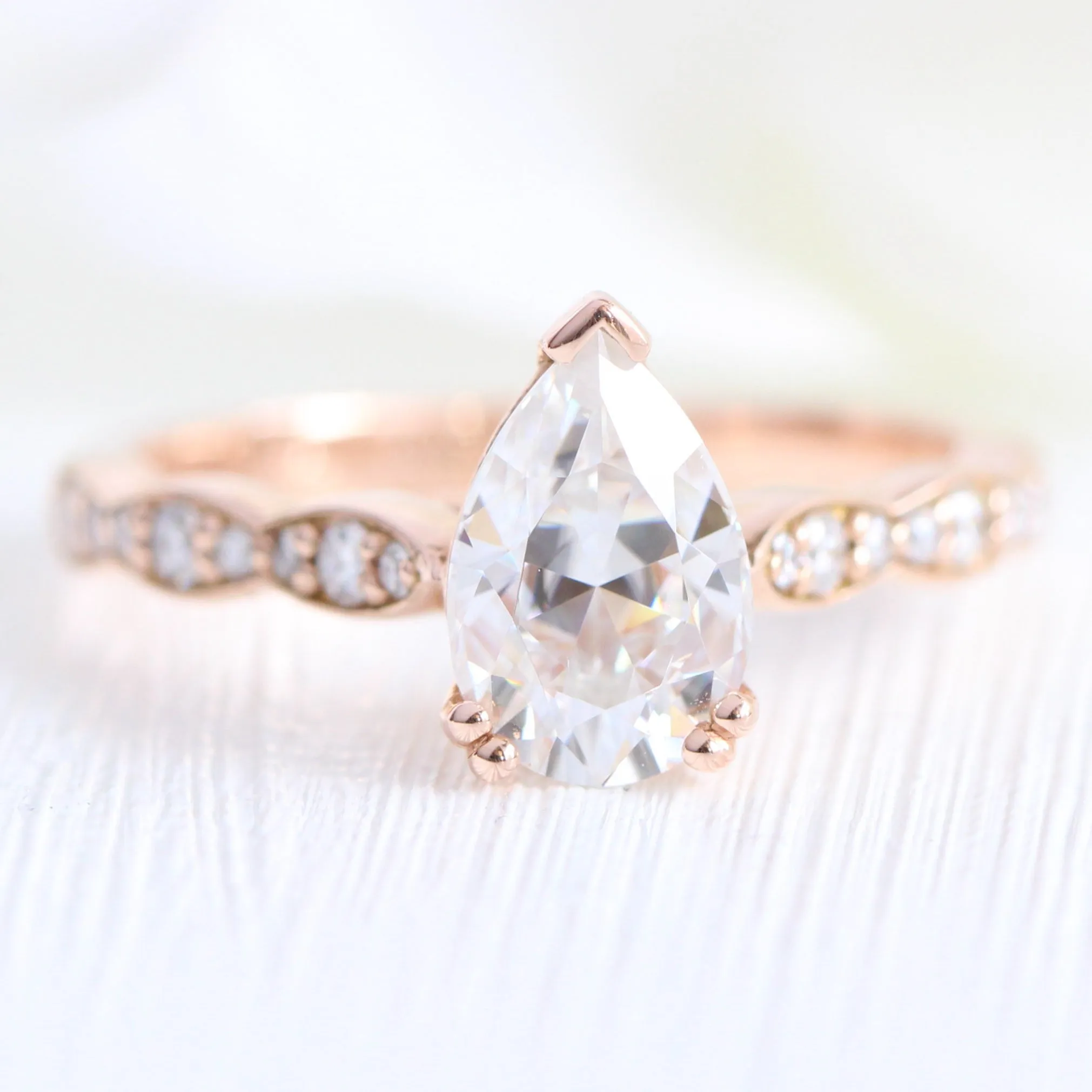 Grace Solitaire Pear Bridal Ring Set w/ Moissanite and Matching Diamond Band