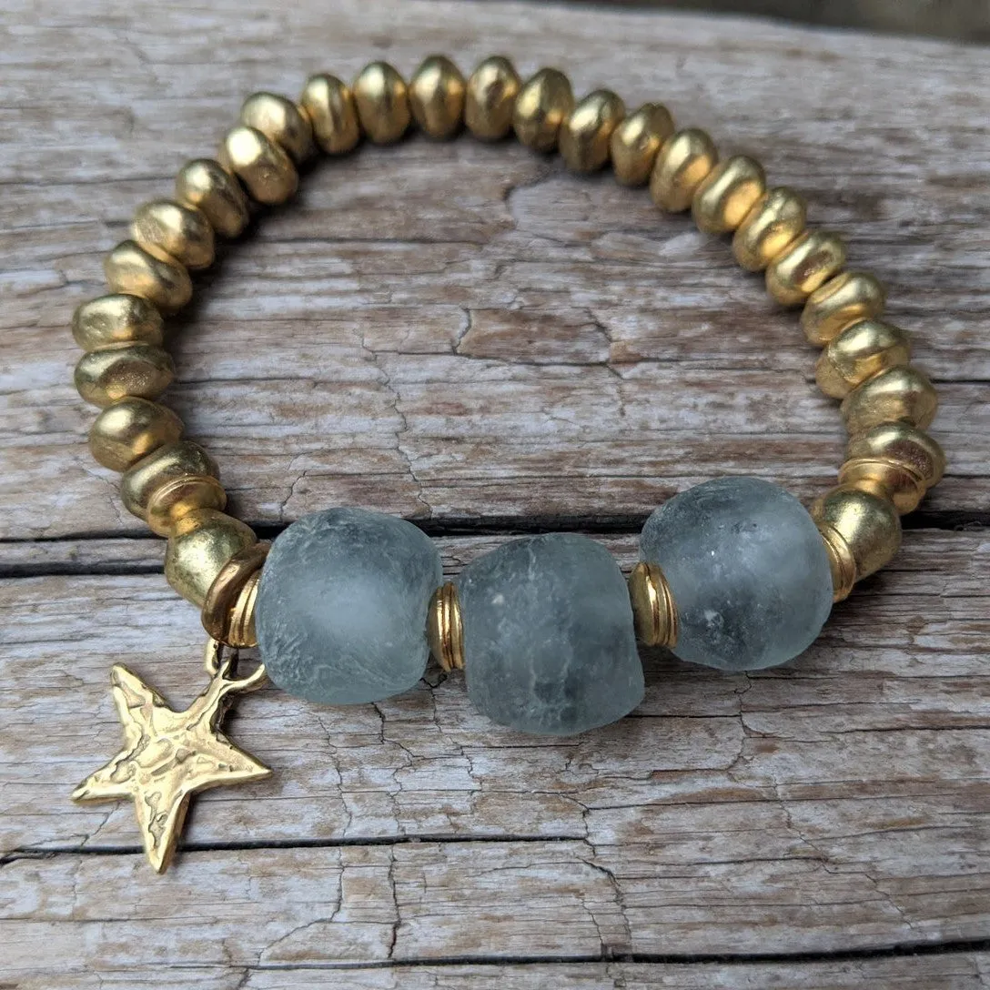 Gray Sea Glass Elastic Bracelet with Star Charm