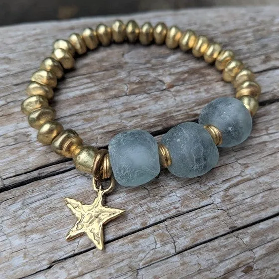 Gray Sea Glass Elastic Bracelet with Star Charm