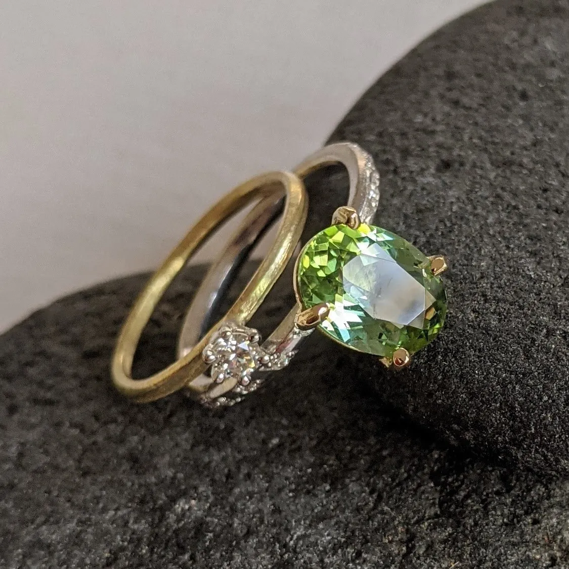 Green Tourmaline and Diamond Solitaire Ring Set