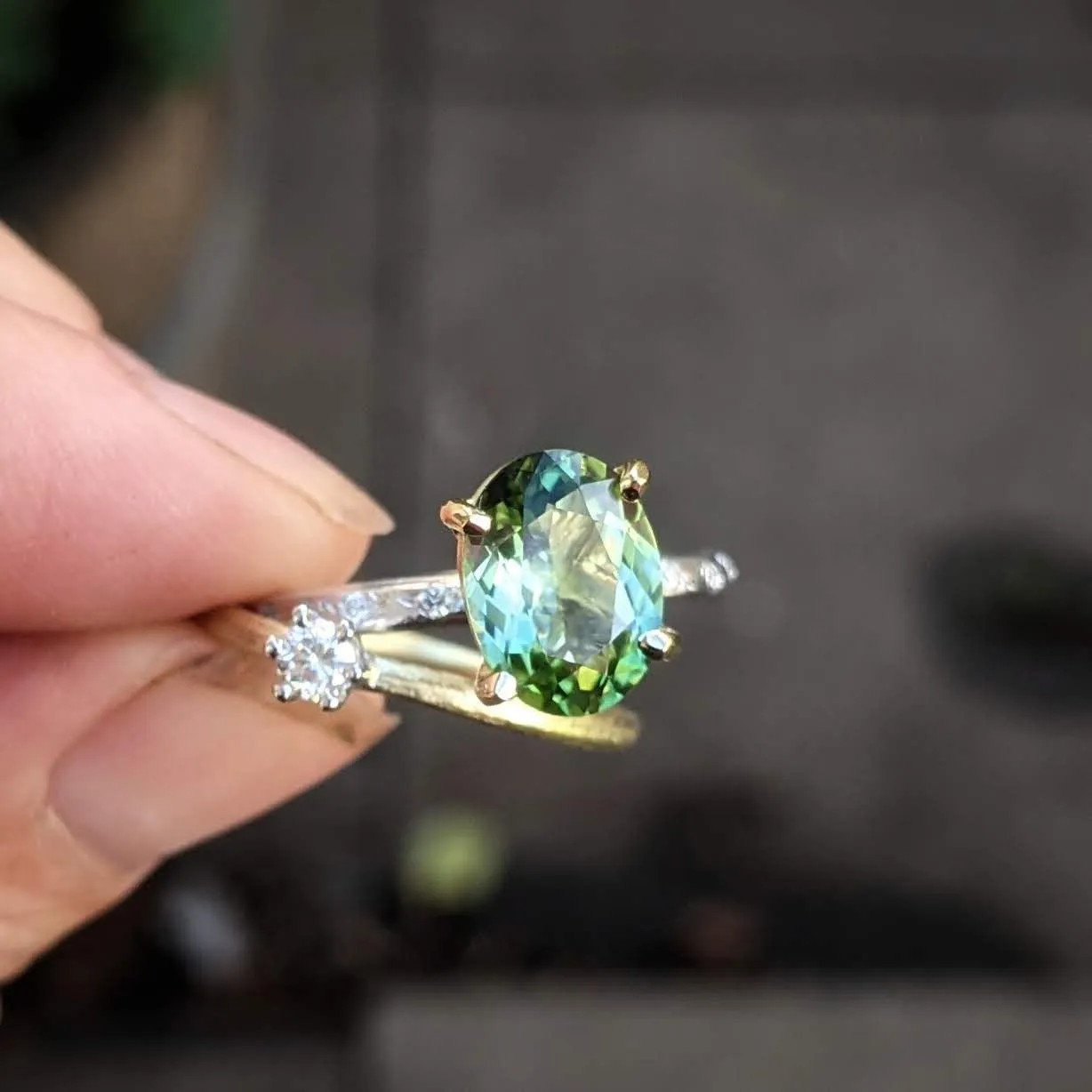 Green Tourmaline and Diamond Solitaire Ring Set