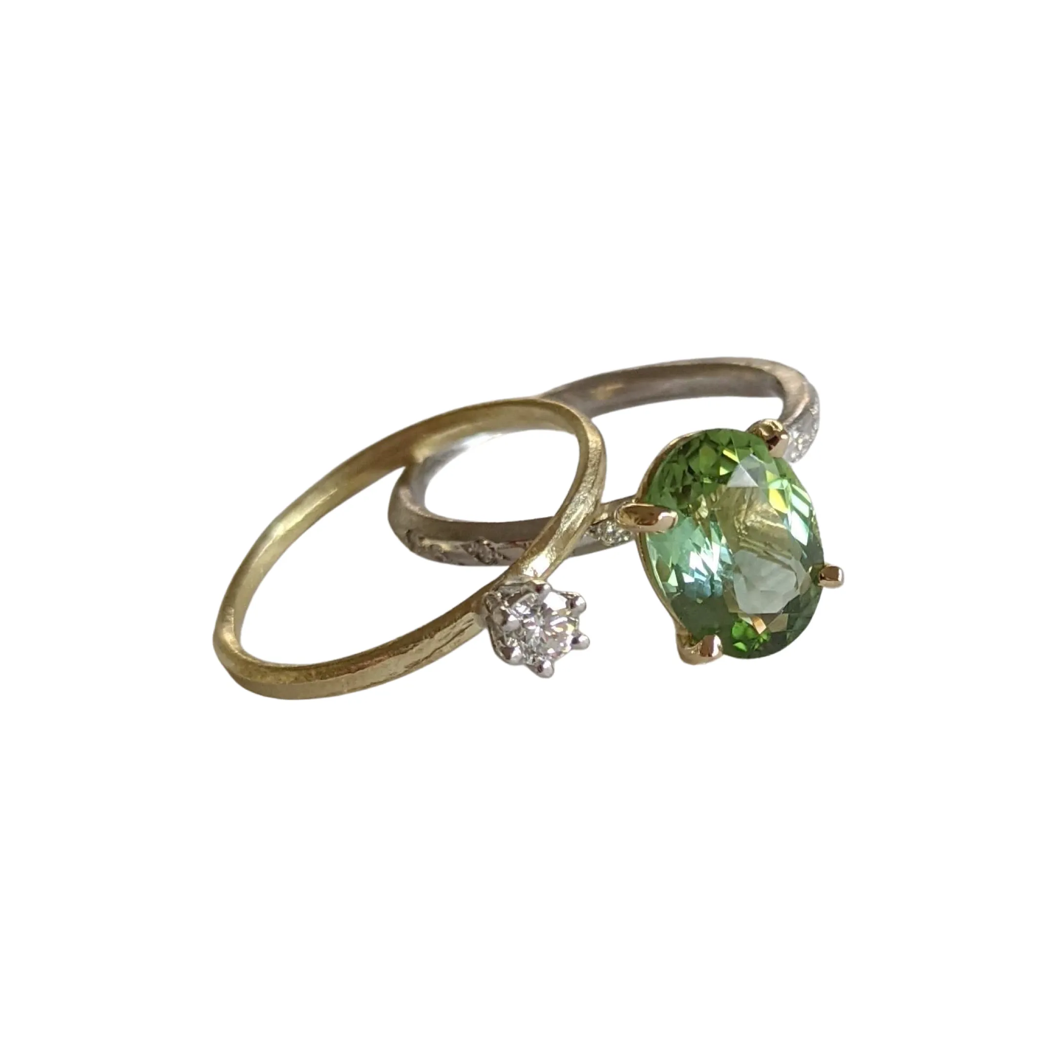 Green Tourmaline and Diamond Solitaire Ring Set