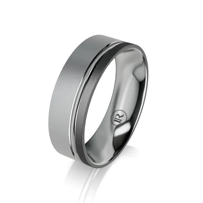 Grey Zirconium Grooved and Black Zirconium Edged Wedding Ring - Comfort Fit