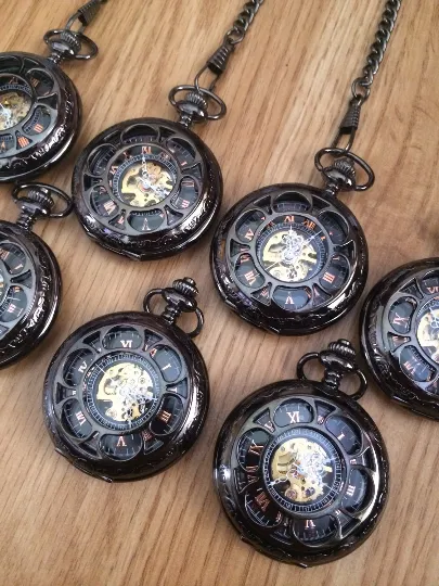 Groomsmen Gift Wedding Gift Antique Black Mechanical Pocket Watch Wedding Gift Set Gunmetal Black Pocket watch Personalized Engravable Mechanical Groomsmen gifts Wedding Gifts MPM002