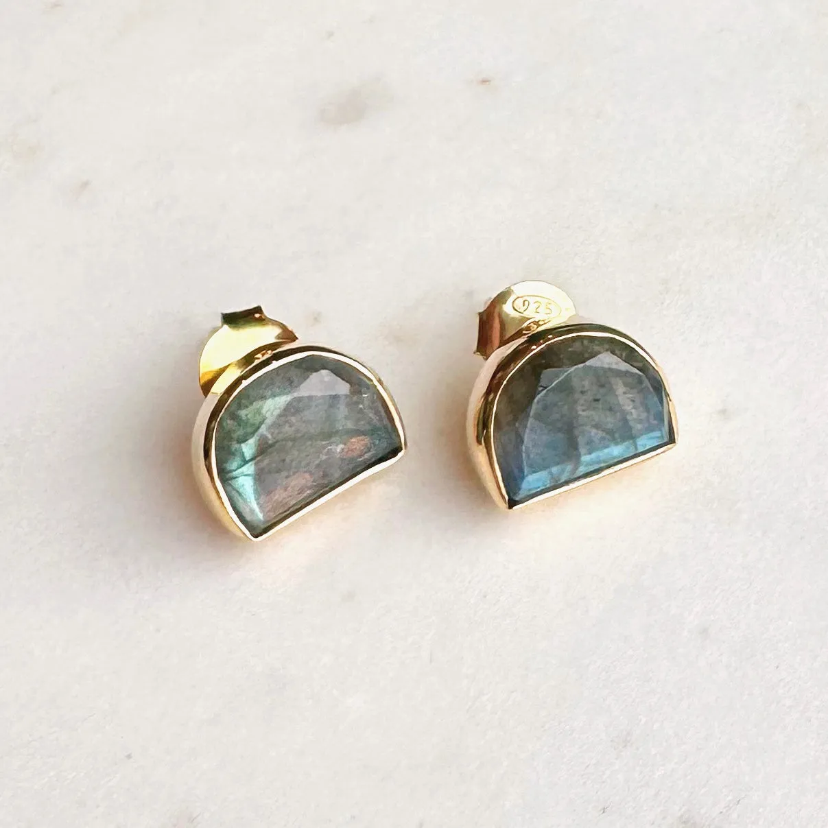 Half Moon Gemstone Stud Earrings: Labradorite