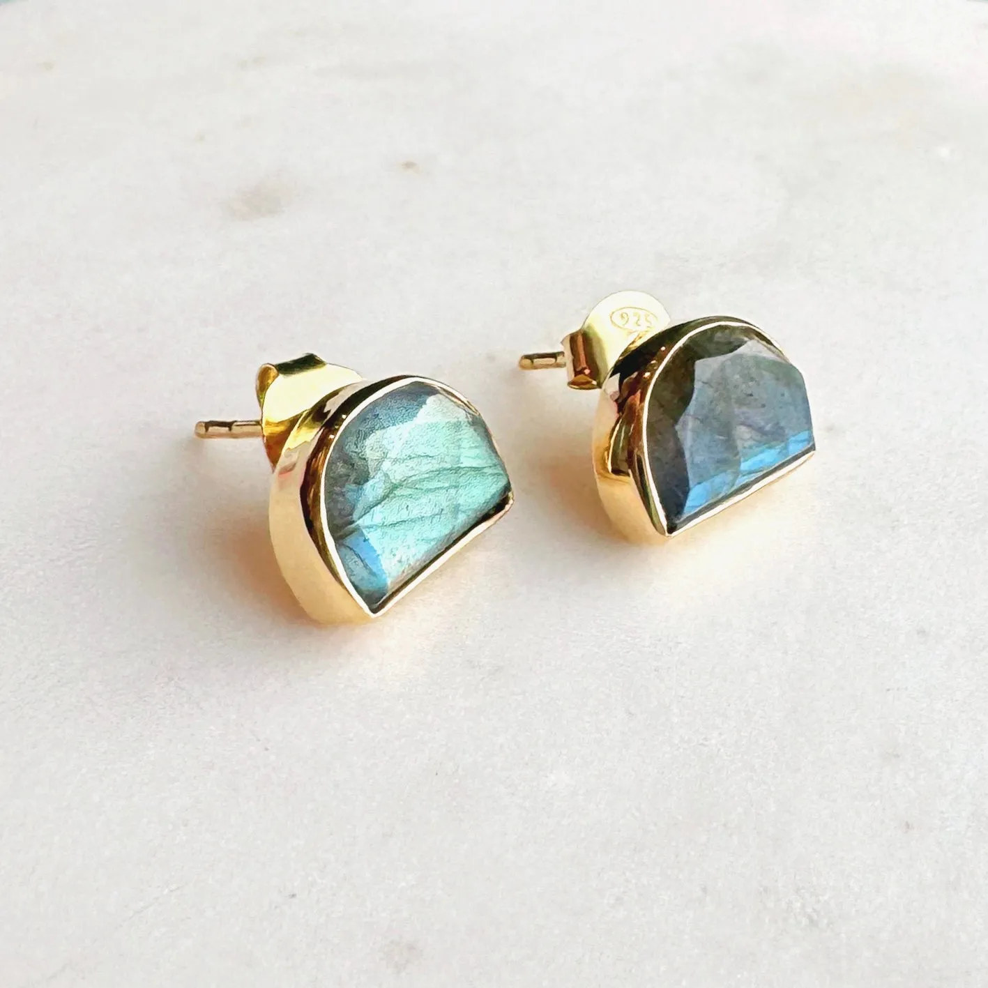 Half Moon Gemstone Stud Earrings: Labradorite