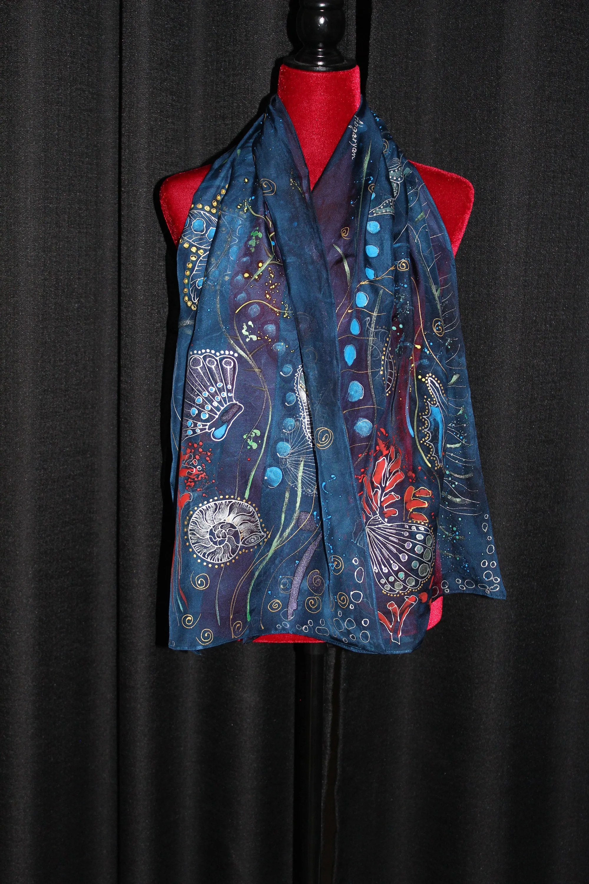 Hand painted and hand dyed silk scarf Dark blue and silver colors Perfect gift for her