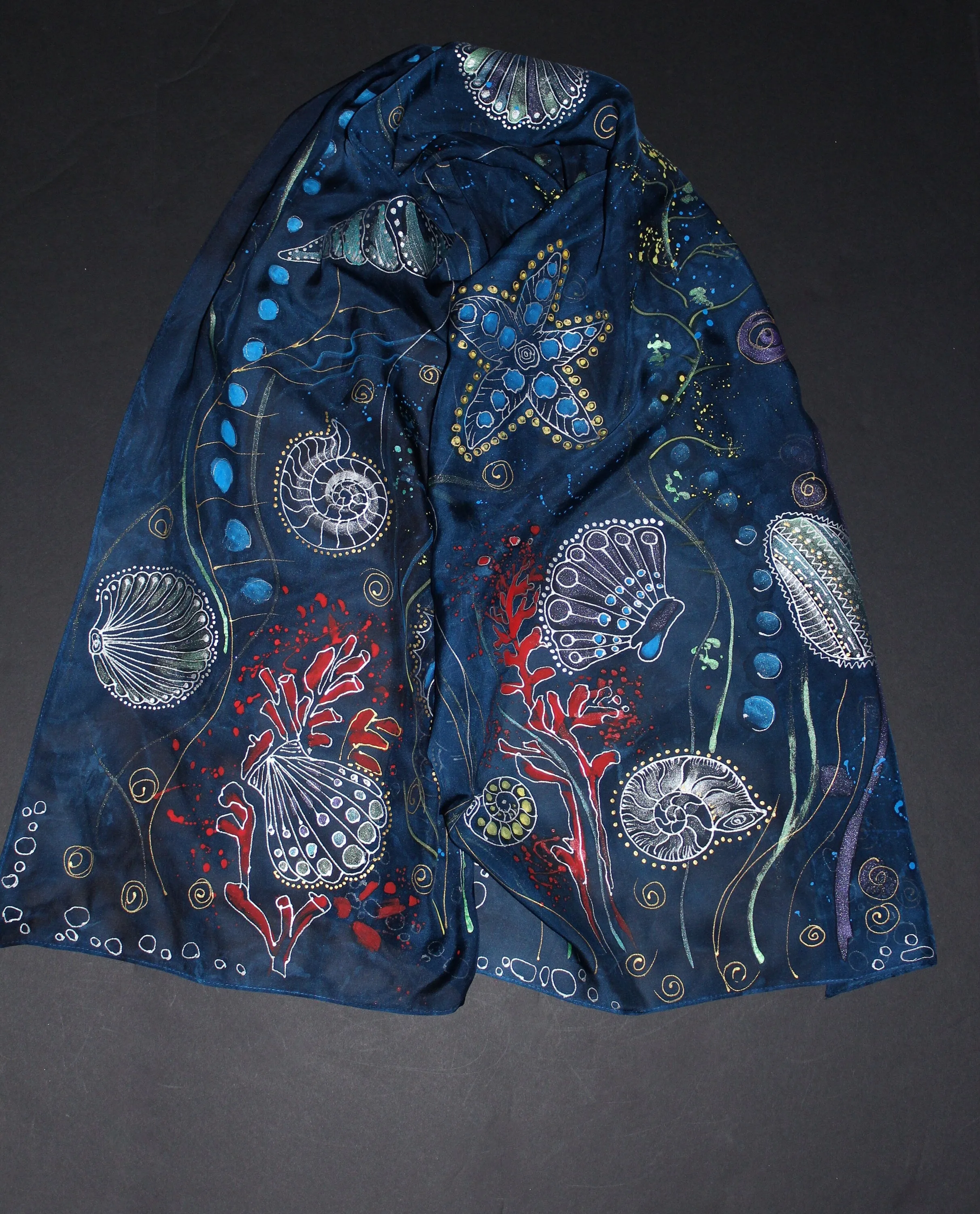 Hand painted and hand dyed silk scarf Dark blue and silver colors Perfect gift for her