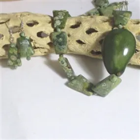 Handcrafted Green Rhyolite and Tagua Nut Necklace & Earrings