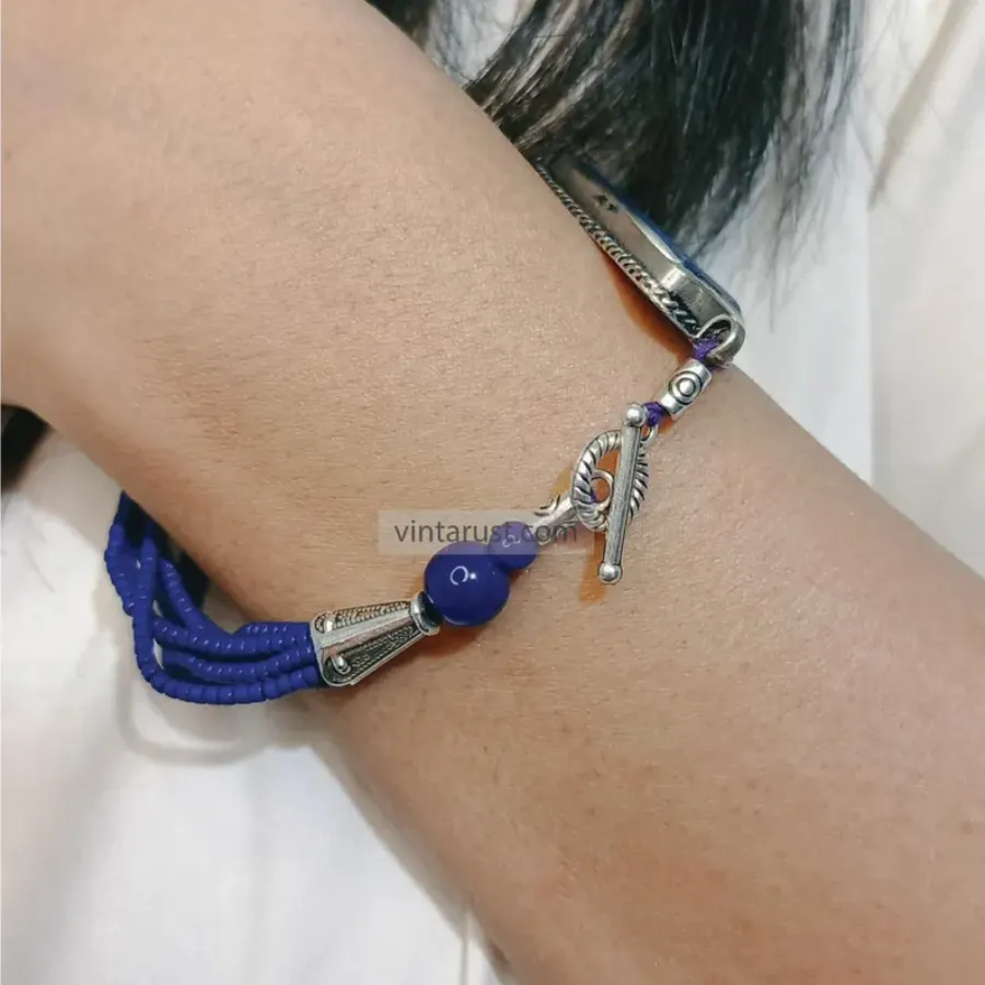 Handcrafted Lapis Bracelet, Bohemian Silver Kuchi Bracelet