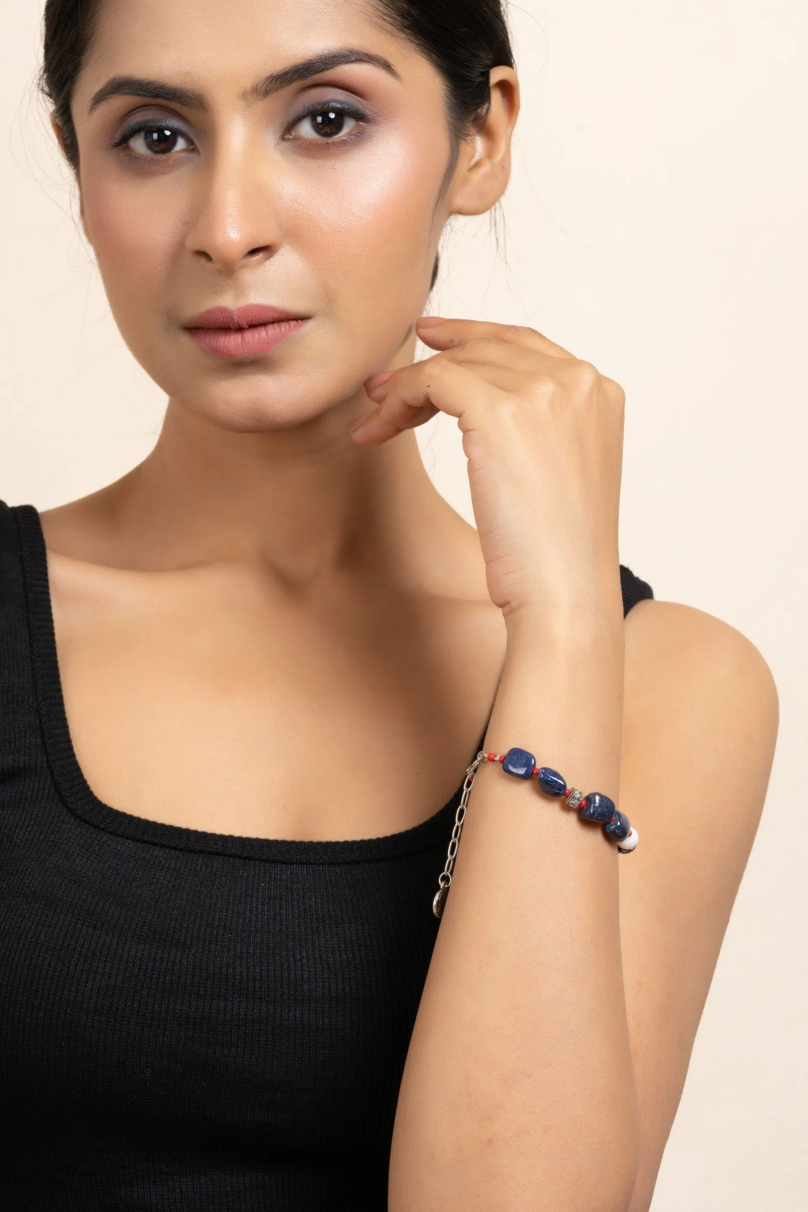 Handmade Blue Lapis Lazuli and White Semi Precious Stones Jade Adjustable Bracelet